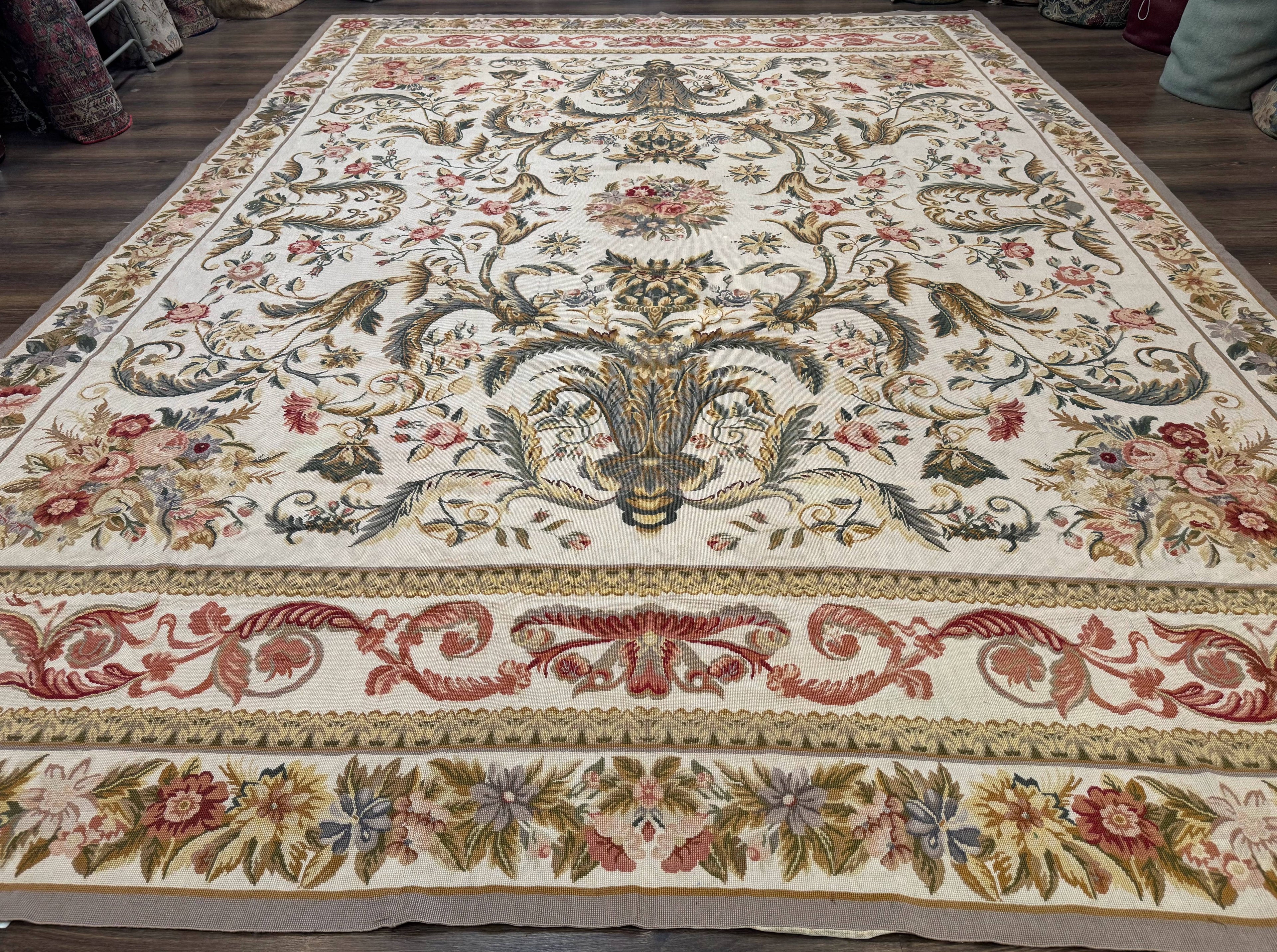 Aubusson Needlepoint Rug 10x14, Elegant European French Carpet, Vintage Carpet