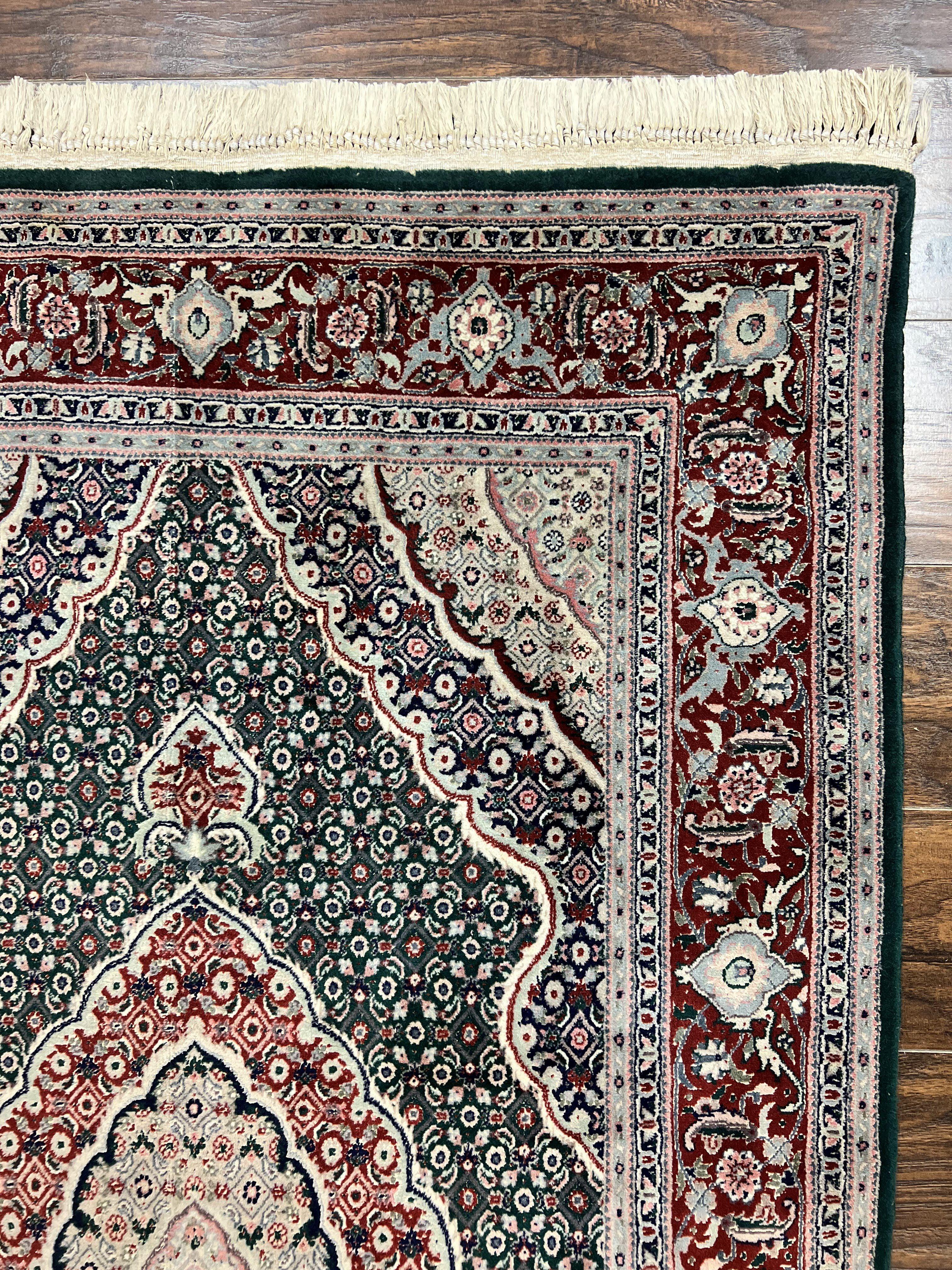 Sino Persian Rug 4x6, Wool with Silk Highlights, Fine Hand Knotted Carpet, Green & Maroon Red, Herati Medallion, Vintage Rug