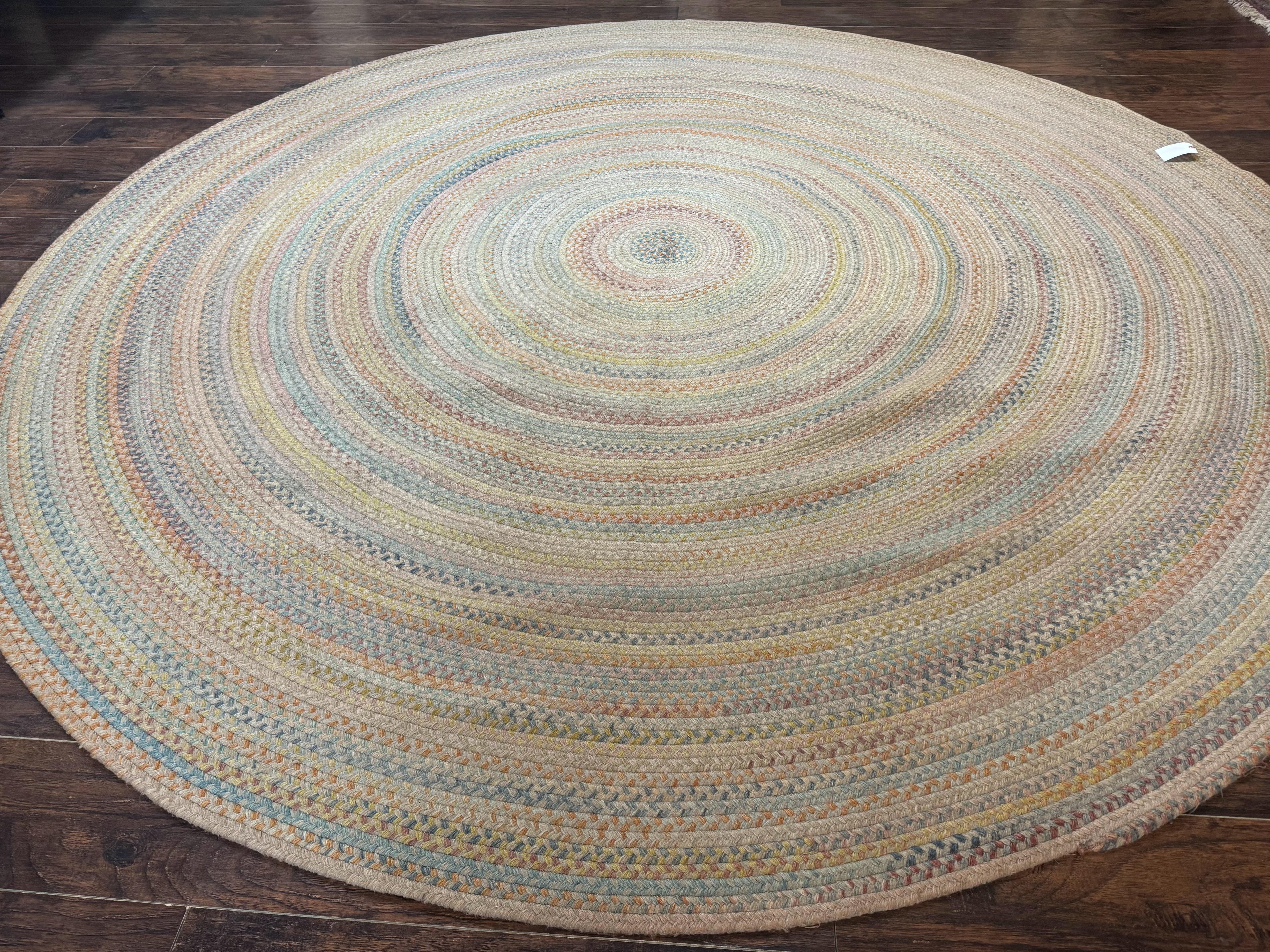 Large American Round Braided Rug 10x10, Multicolor, Vintage, Mid Century, Hand Braided