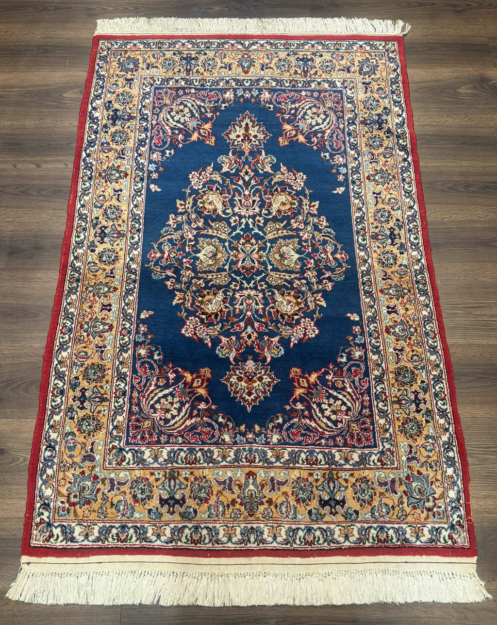 Blue Persian Qum Rug 3.6 x 5, Floral Medallion, Fine 310 KPSI