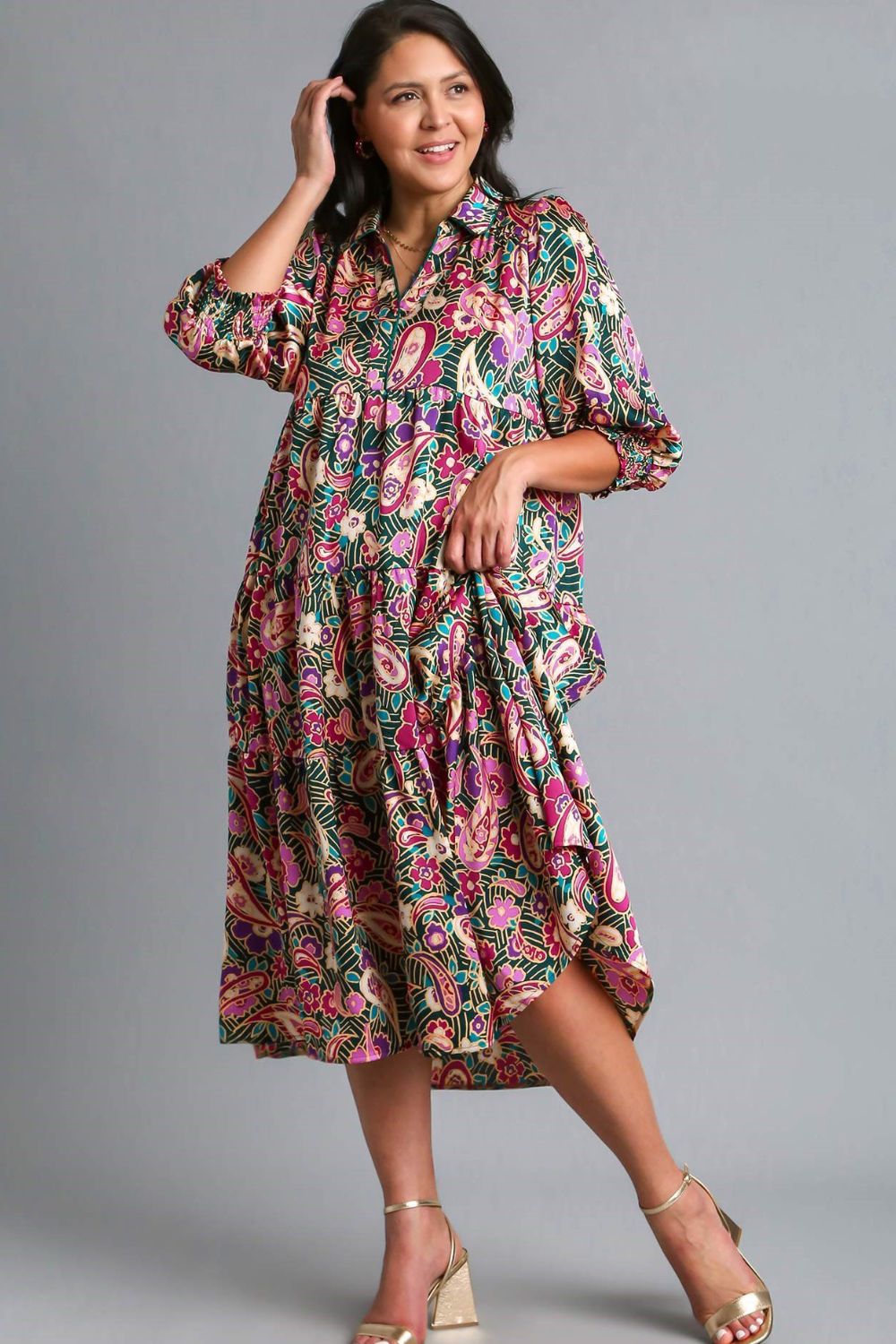 Full Size Printed Satin Midi Dress Plus Size Beautiful Women Dress Unique Design Dress