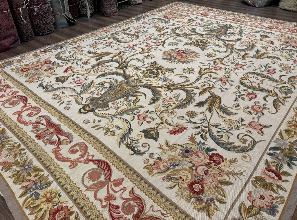 Aubusson Needlepoint Rug 10x14, Elegant European French Carpet, Vintage Carpet