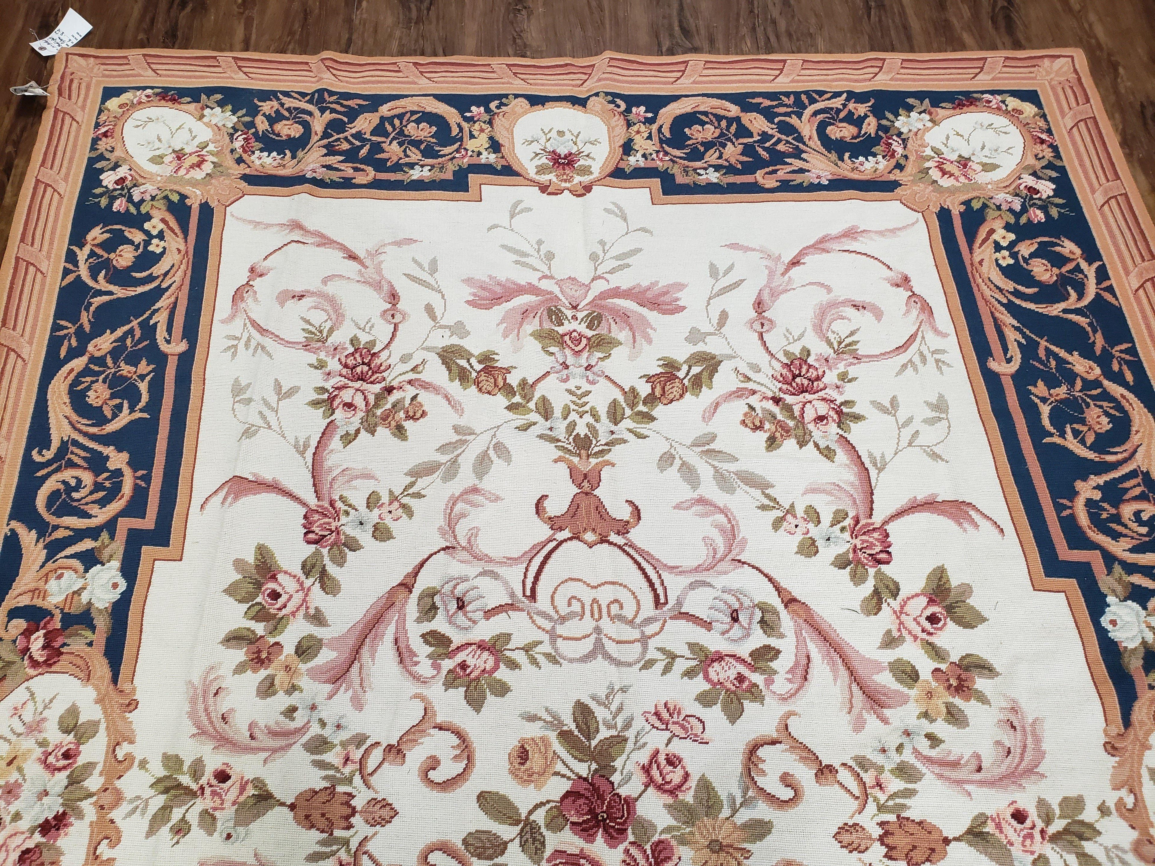 Chinese Aubusson Savonnerie Area Rug 6x8, Vintage Hand-Woven Needlepoint Rug, Flat Weave Handmade Wool Carpet Living Room Ivory & Navy Blue