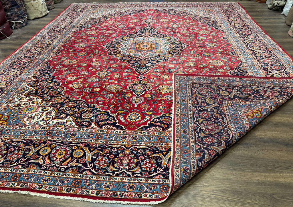 Large Persian Kashan Rug 11x14, Traditional Persian Carpet, Wool, Fine 250 KPSI, Red Navy Blue