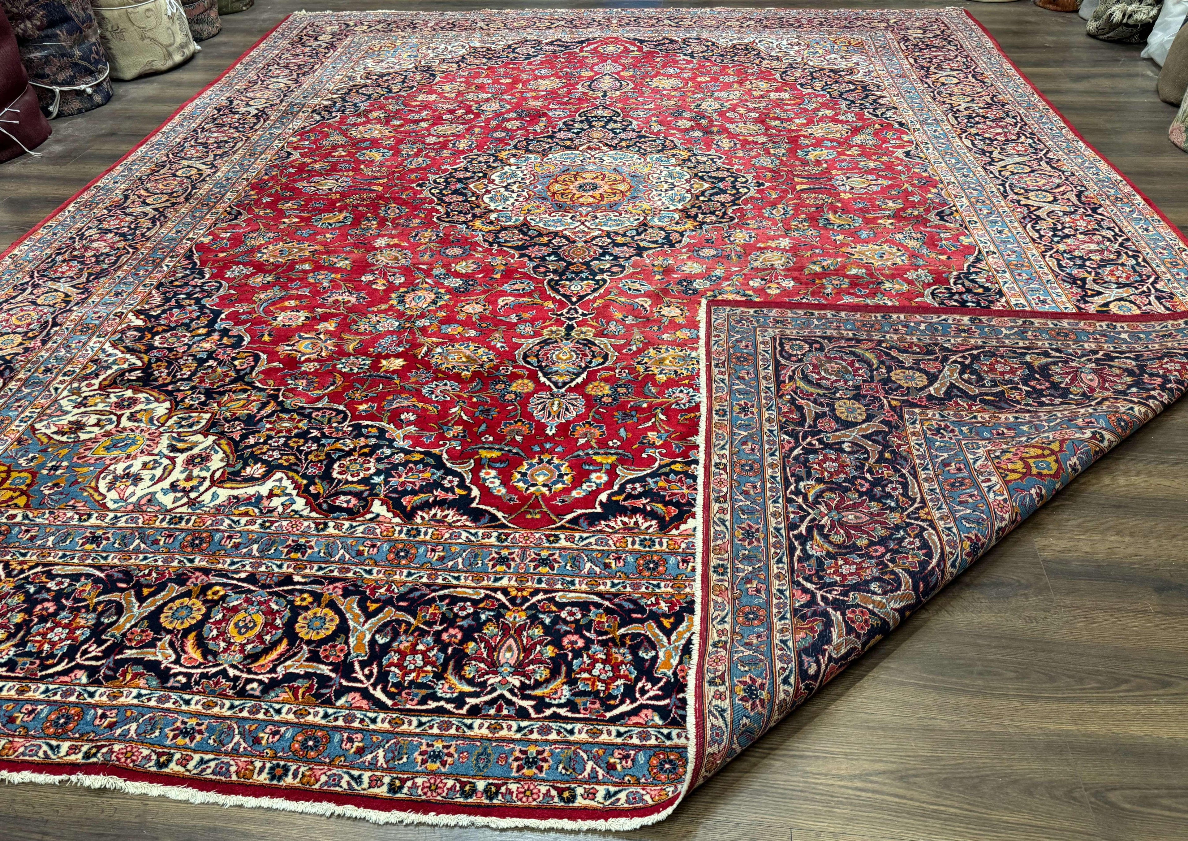 Large Persian Kashan Rug 11x14, Traditional Persian Carpet, Wool, Fine 250 KPSI, Red Navy Blue