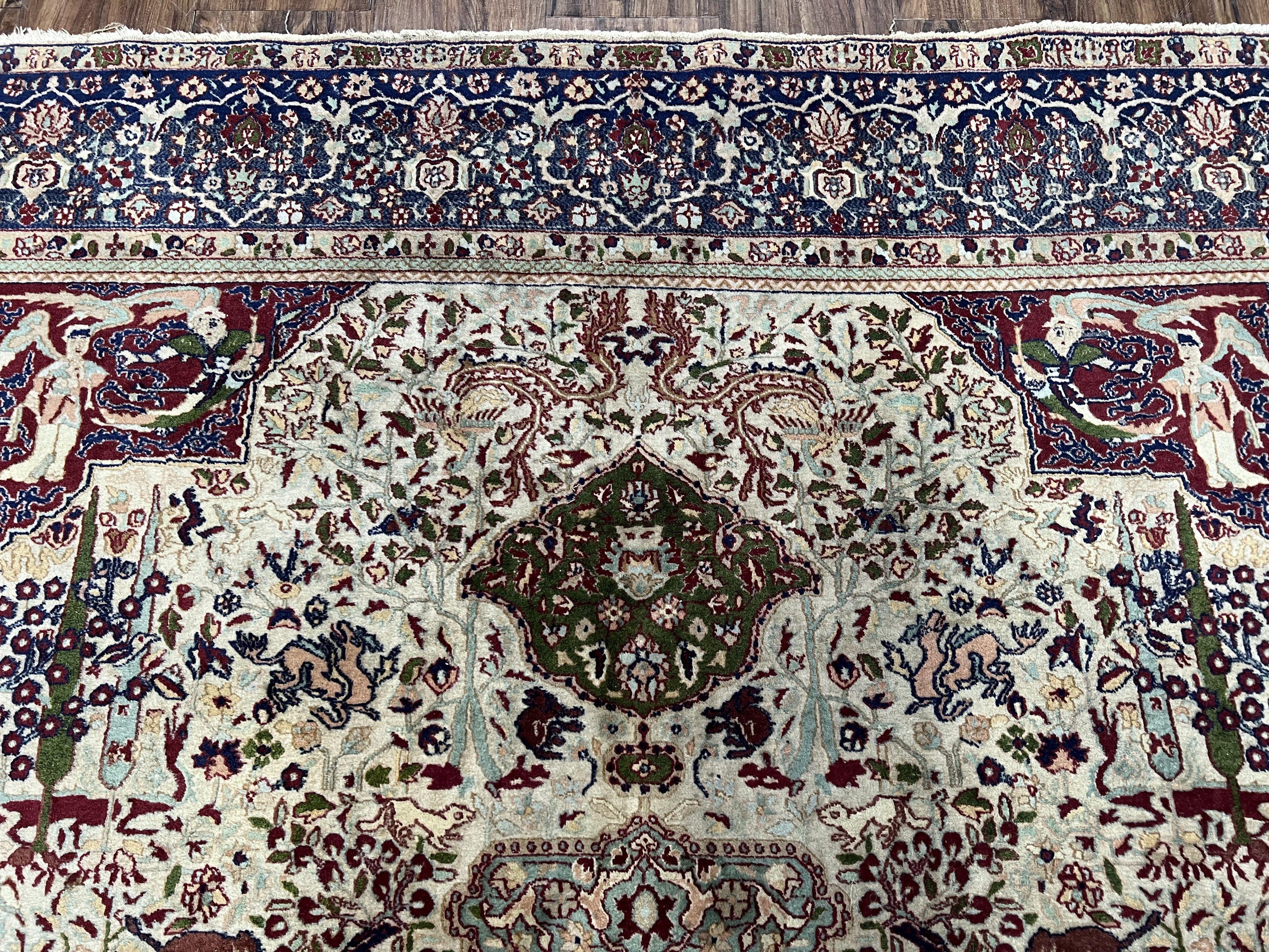 Rare Antique Indian Agra Rug, Early 20th Century Indian Carpet, Animal and Angel Motifs, Hunting Scene, Collectible Oriental Carpet, Wow