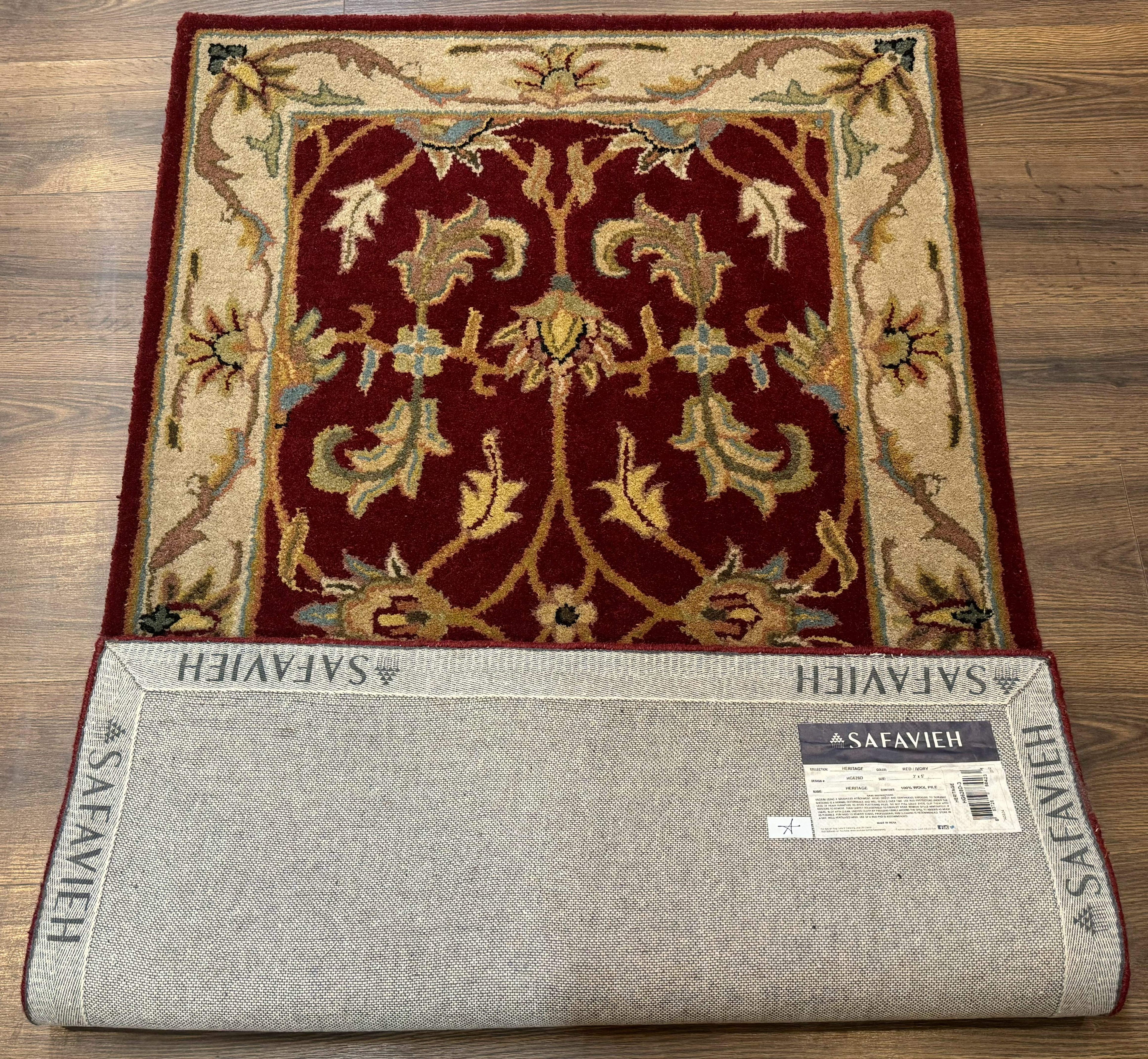Small Floral Wool Rug 3x5, Safavieh Heritage Collection, Dark Red, Pair A
