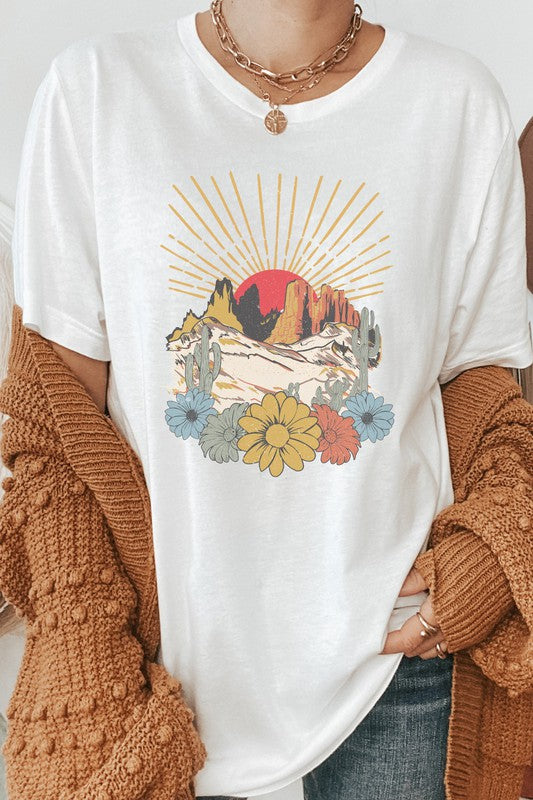 Desert Sunset Arches Floral Cacti Boho Graphic Tee T-Shirt