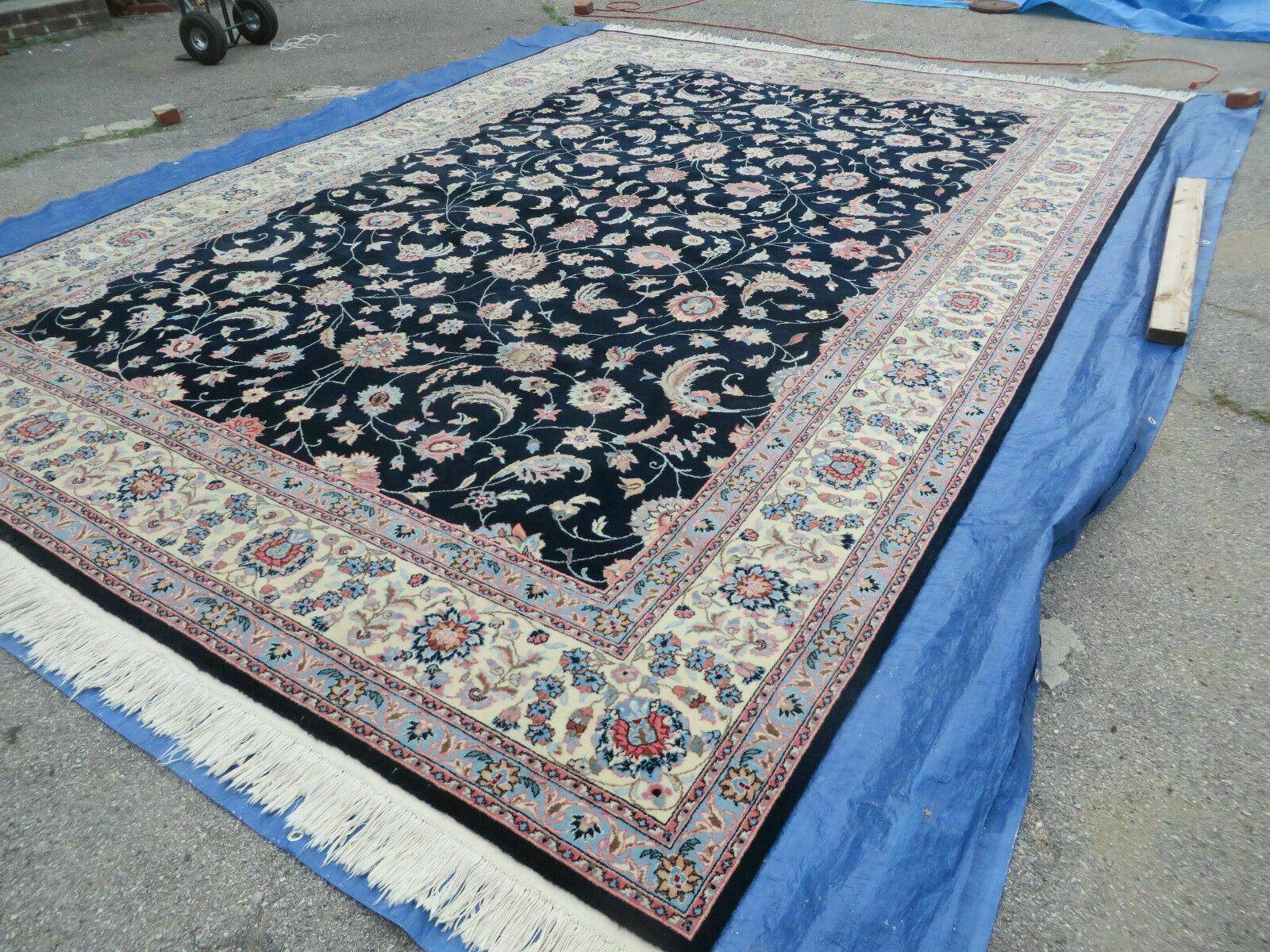 Large Indo Persian Rug 10x14, Wool Hand-Knotted Carpet, Navy Blue Ivory