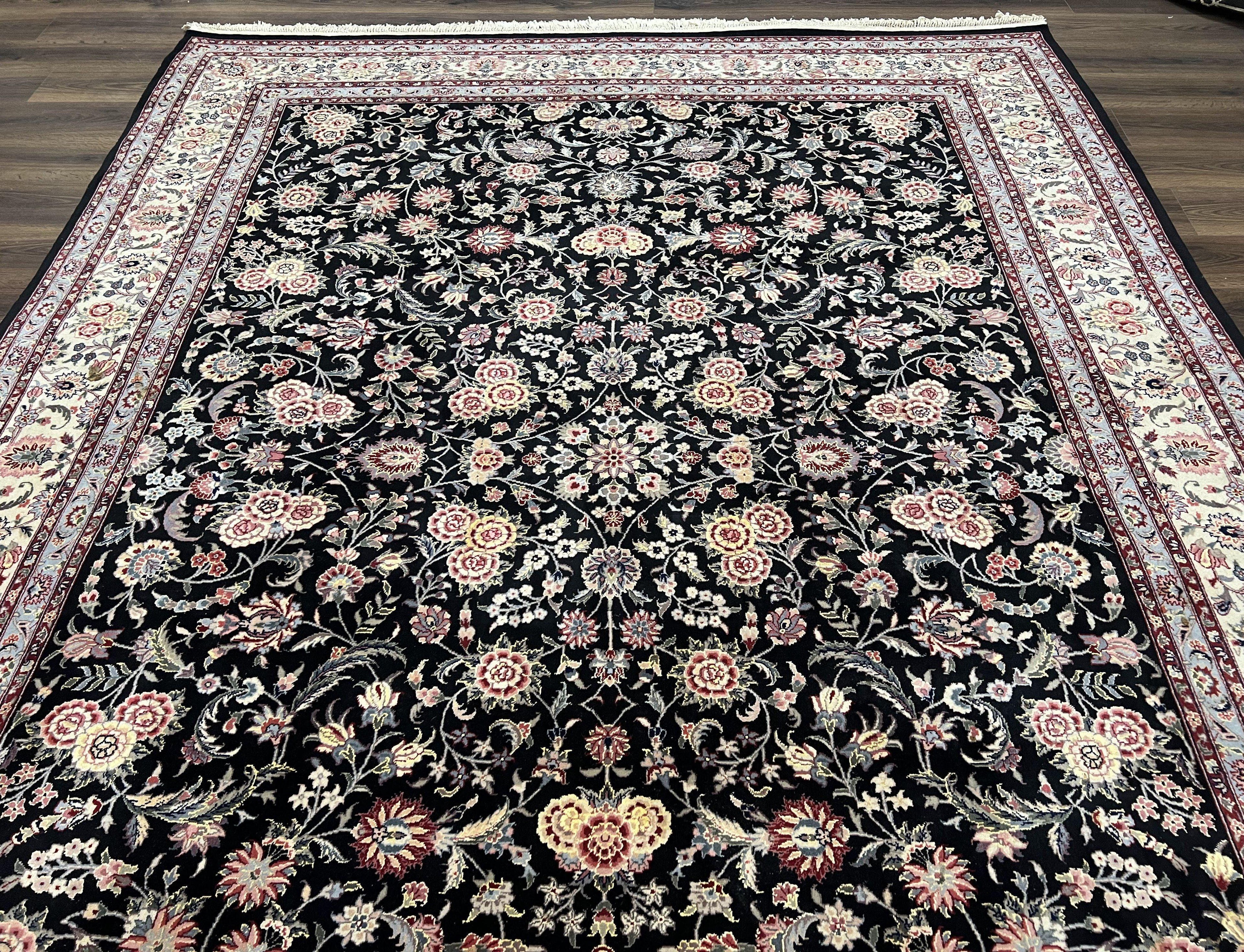 Pak Persian Rug 9x12, Floral Allover, Hand Knotted Oriental Carpet 9 x 12 ft, Black and Cream, Detailed, Wool with Silk Highlights, Vintage