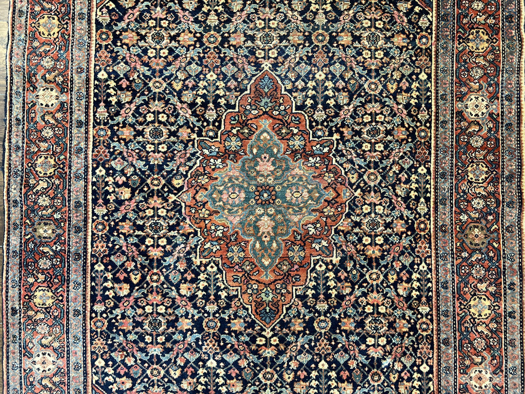 Persian Rug 4x7 Antique Sarouk Farahan Carpet, Navy Blue and Red Wool Rug