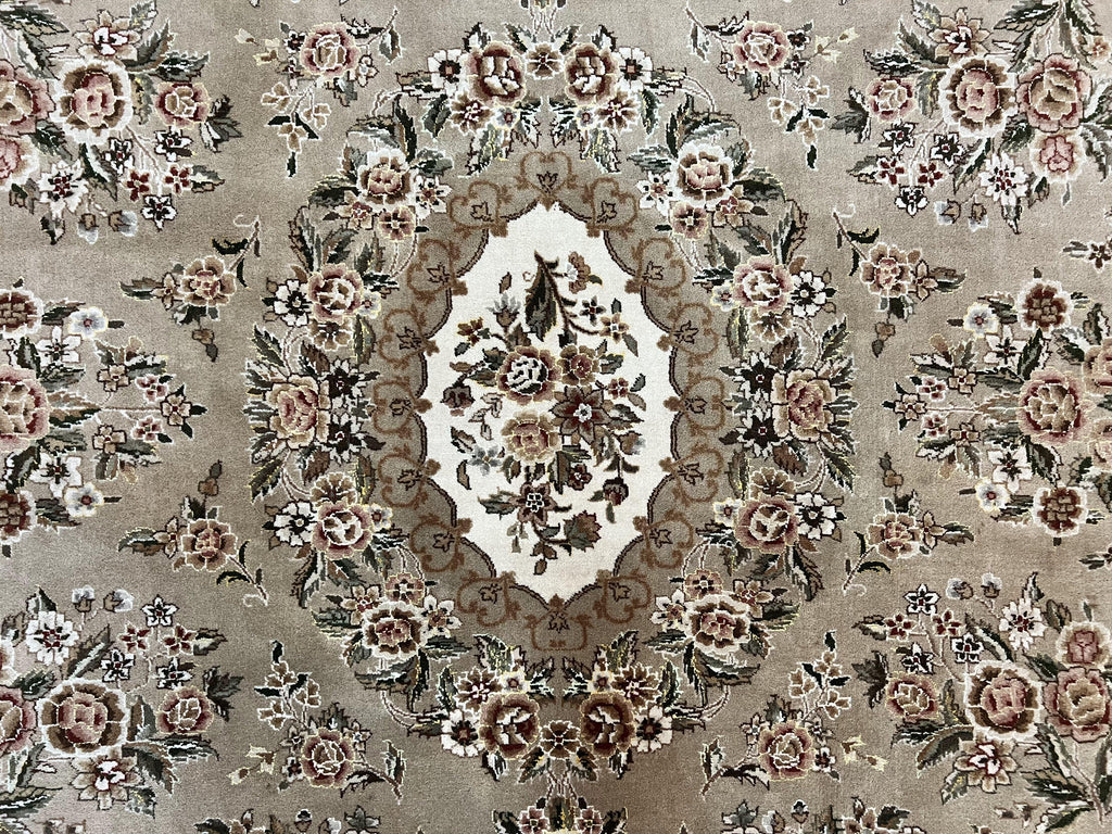 Sino Persian Rug 8x10, Soft Wool, Silk Highlights, Hand Knotted Vintage Carpet, Taupe & Ivory, Floral, Traditional Rug 8 x 10