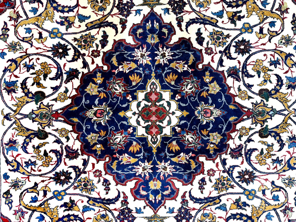 Wonderful Persian Isfahan Rug 7x9, Ivory Navy Blue Red, Floral Medallion, Very Finely Hand Knotted 260 KPSI, Handmade Wool Vintage Rug