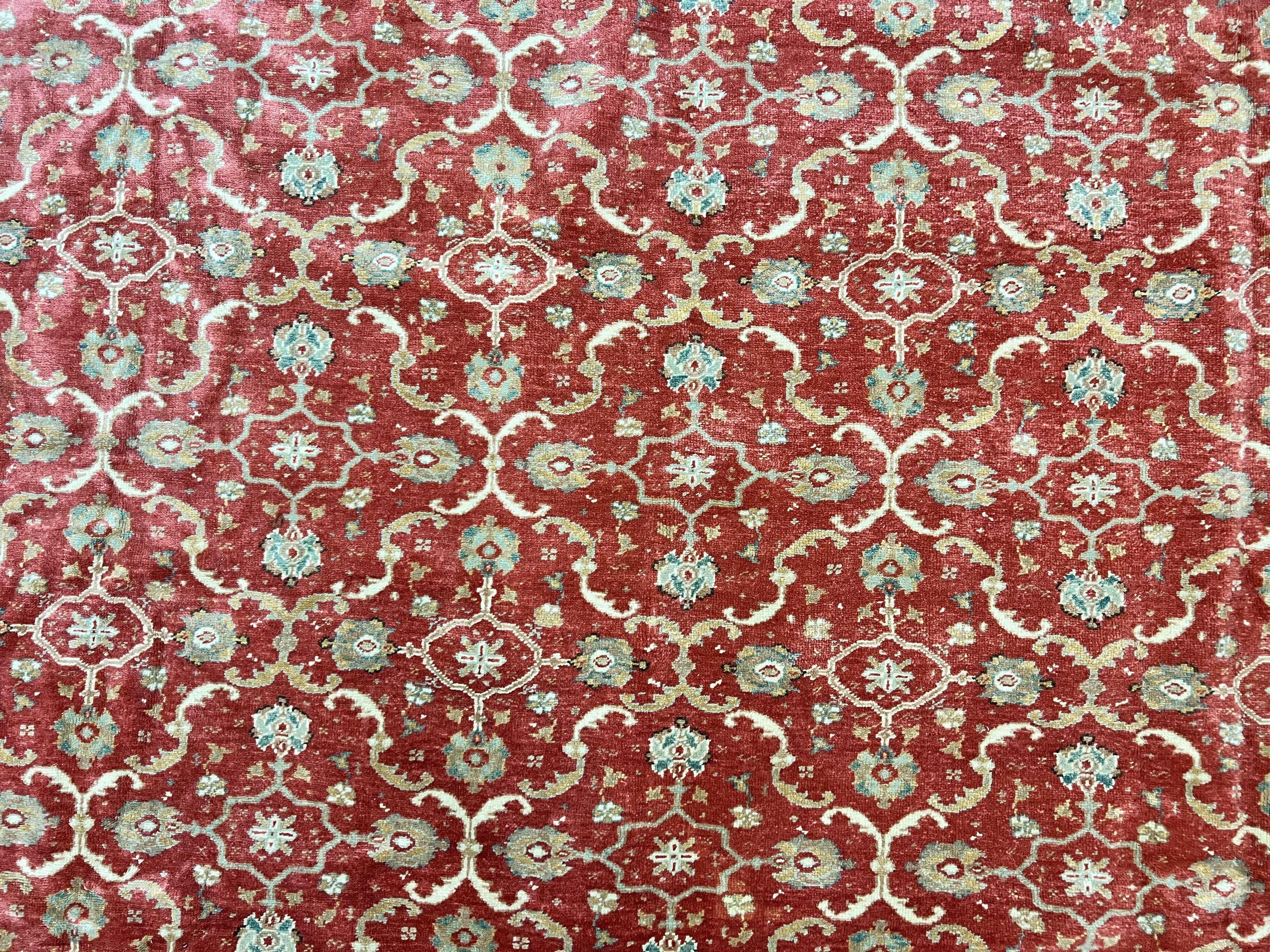 Turkish Oushak Rug 12x18, Wool Hand Knotted Vintage Carpet, Red & Oatmeal, 12 x 18 Palace SIze Handmade Oriental Rug
