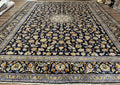 Wonderful Navy Blue Persian Kashan Rug 11x13, Allover Floral Design with Central Medallion, Wool Hand-Knotted Antique Carpet, Signed Rabani Rug