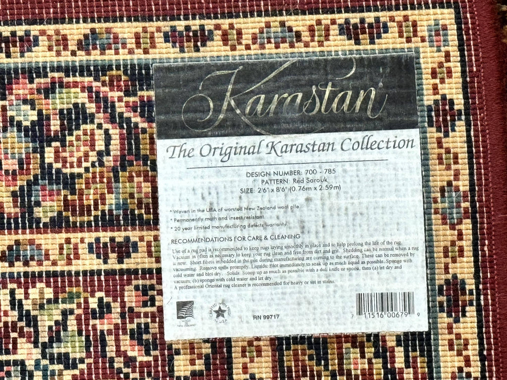 Karastan Runner Rug 2.6 x 8.6, Red Sarouk #785, Original 700 Series, Wool Karastan Runner Rug, Rare