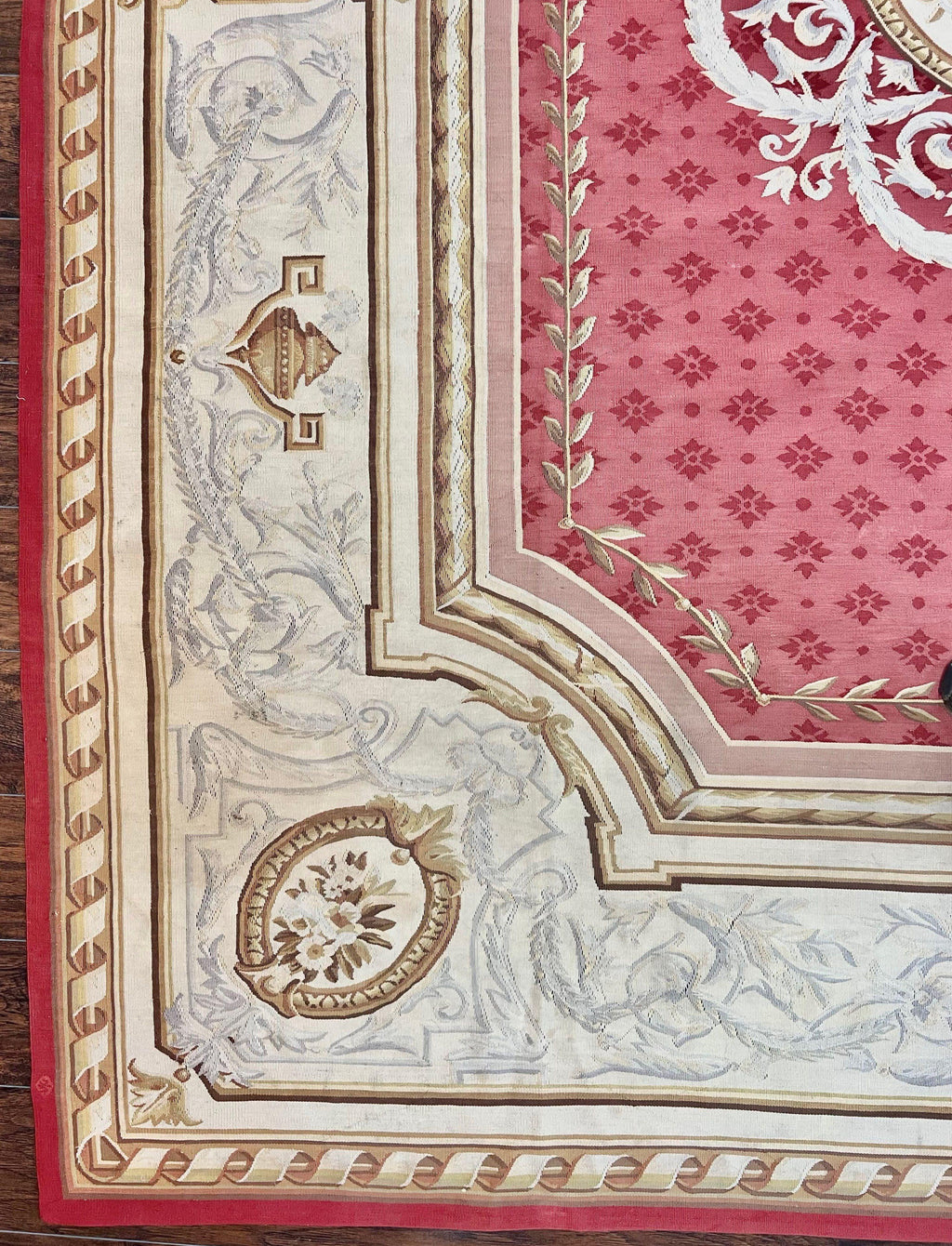 Aubusson Rug 9x12 ft, Red and Ivory Elegant Aubusson Carpet, Flatweave, Vintage Wool Handmade Area Rug 9 x 12, French European Design