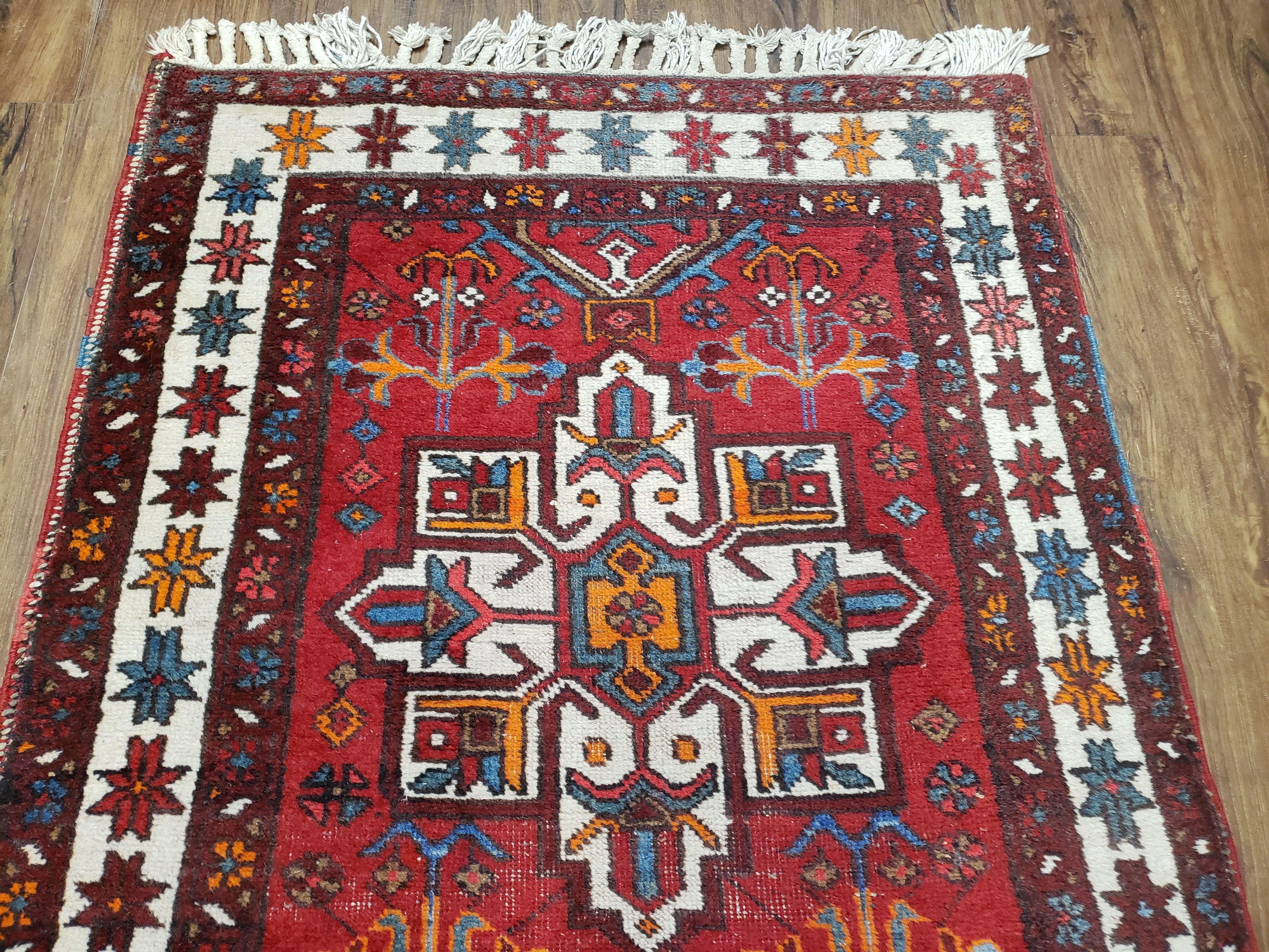 Antique Persian Heriz Karajeh Runner Rug 3x11, Hand-Knotted Red Geometric Medallions