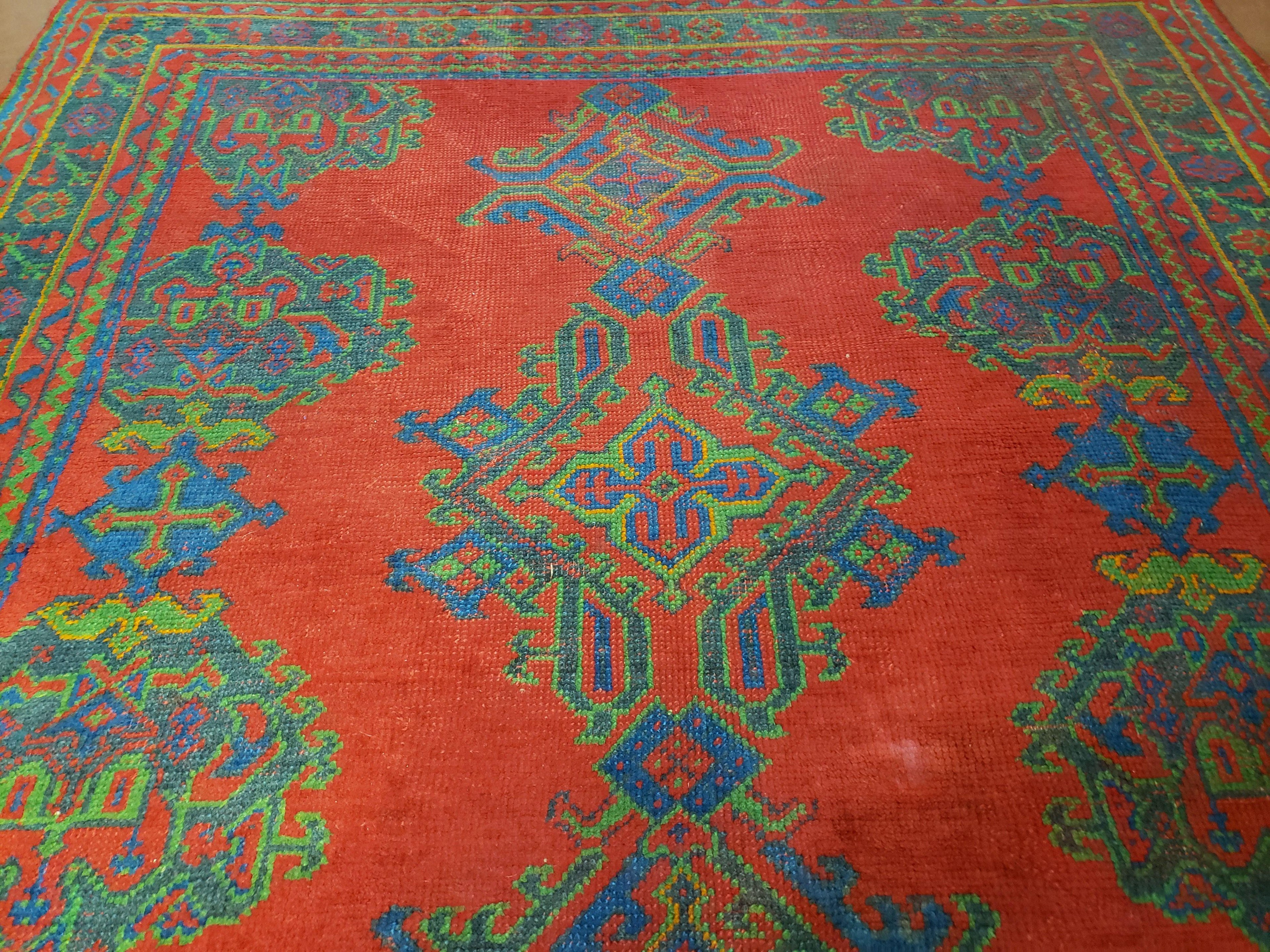 7x11 Turkish Oushak Rug, Vintage Red & Blue Oriental Carpet, Hand Knotted Wool Area Rug 7 x 11, Turkish Sparta Rug, Antique Turkish Rug Nice