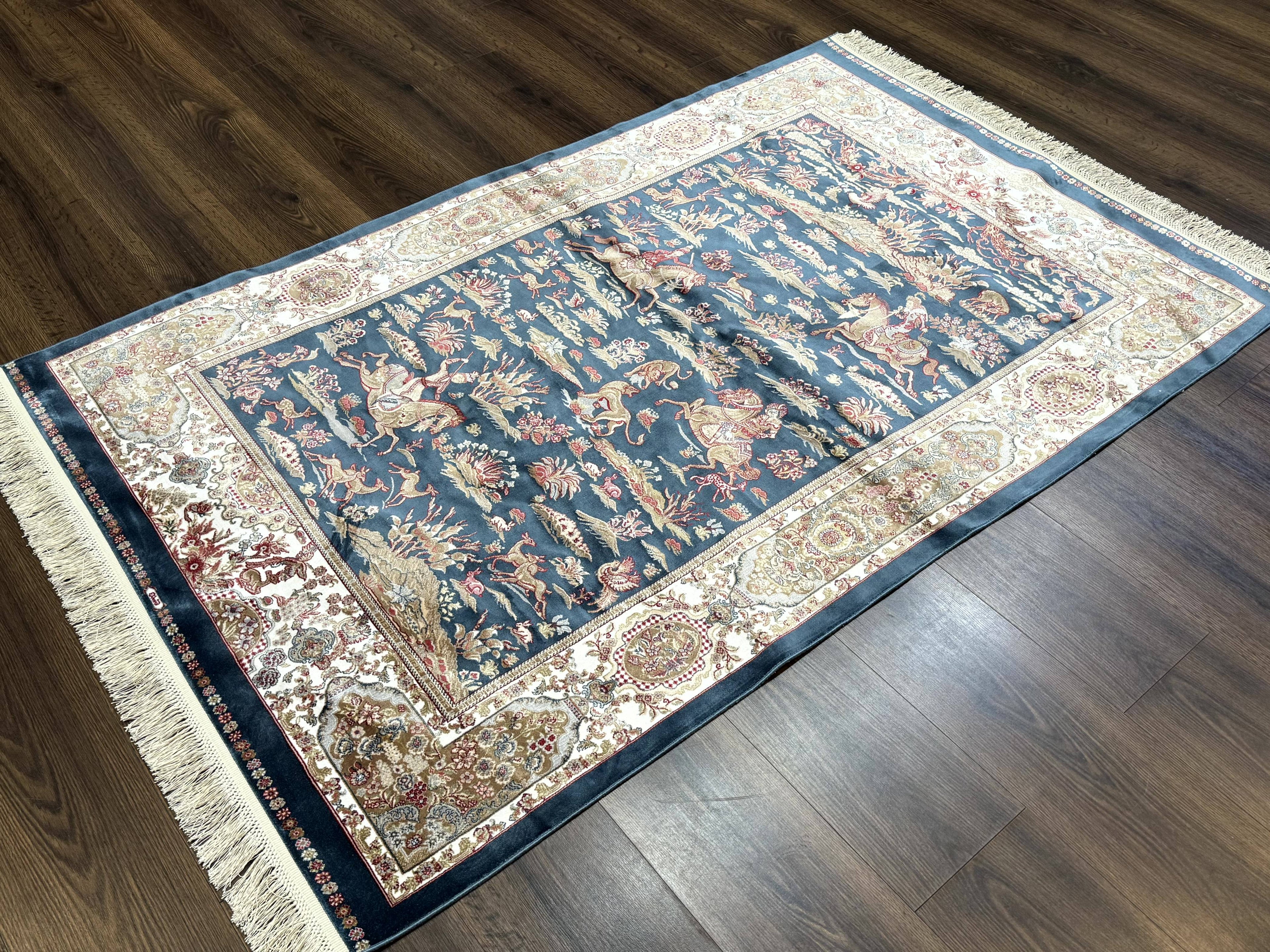 Turkish Silk Hunting Design Rug 4x6, Dark Steel Blue & Ivory, Bamboo Silk, New