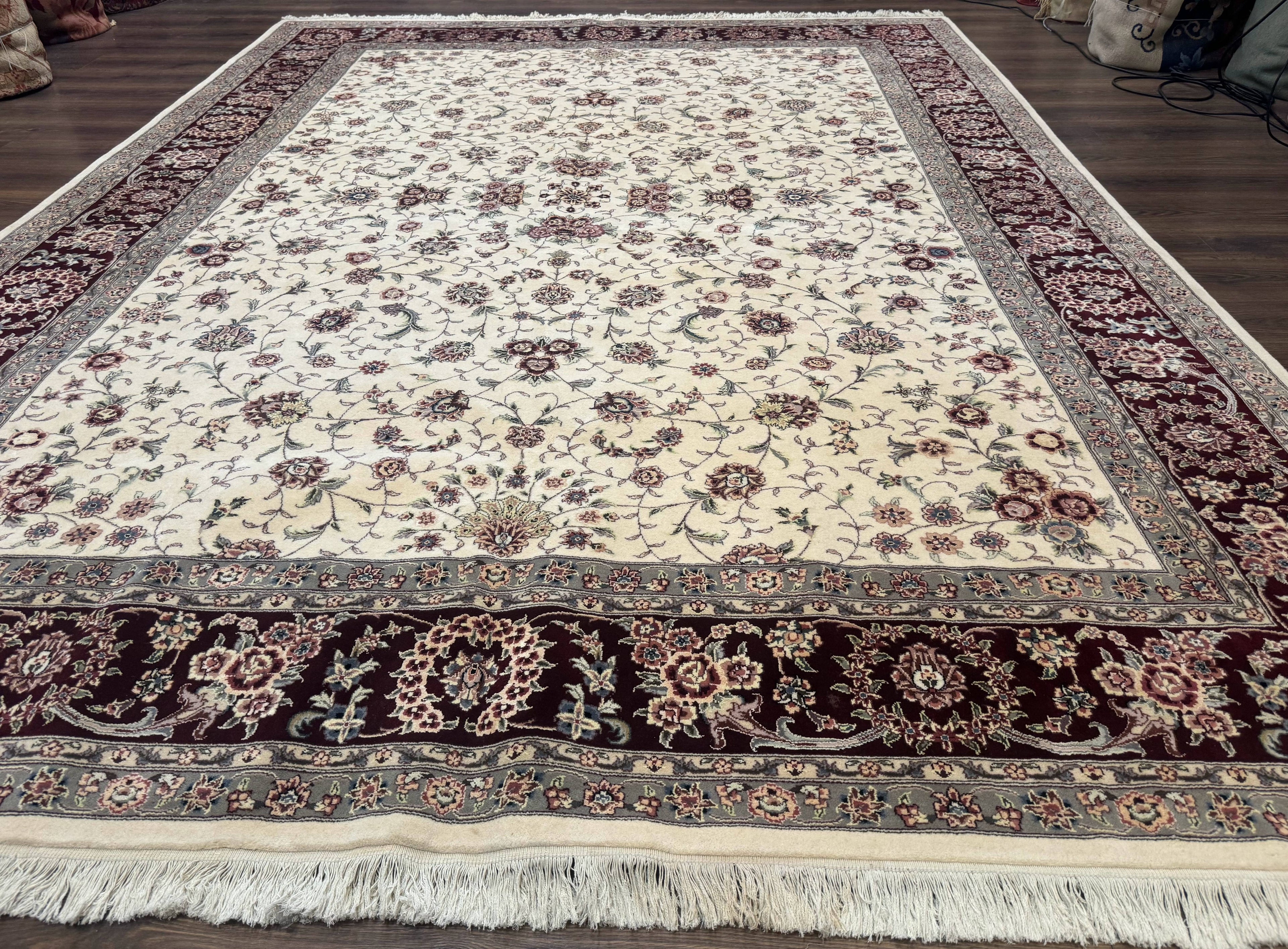 Sino Persian Rug 9x12, Floral Allover Design, 170 KPSI, Ivory and Dark Maroon
