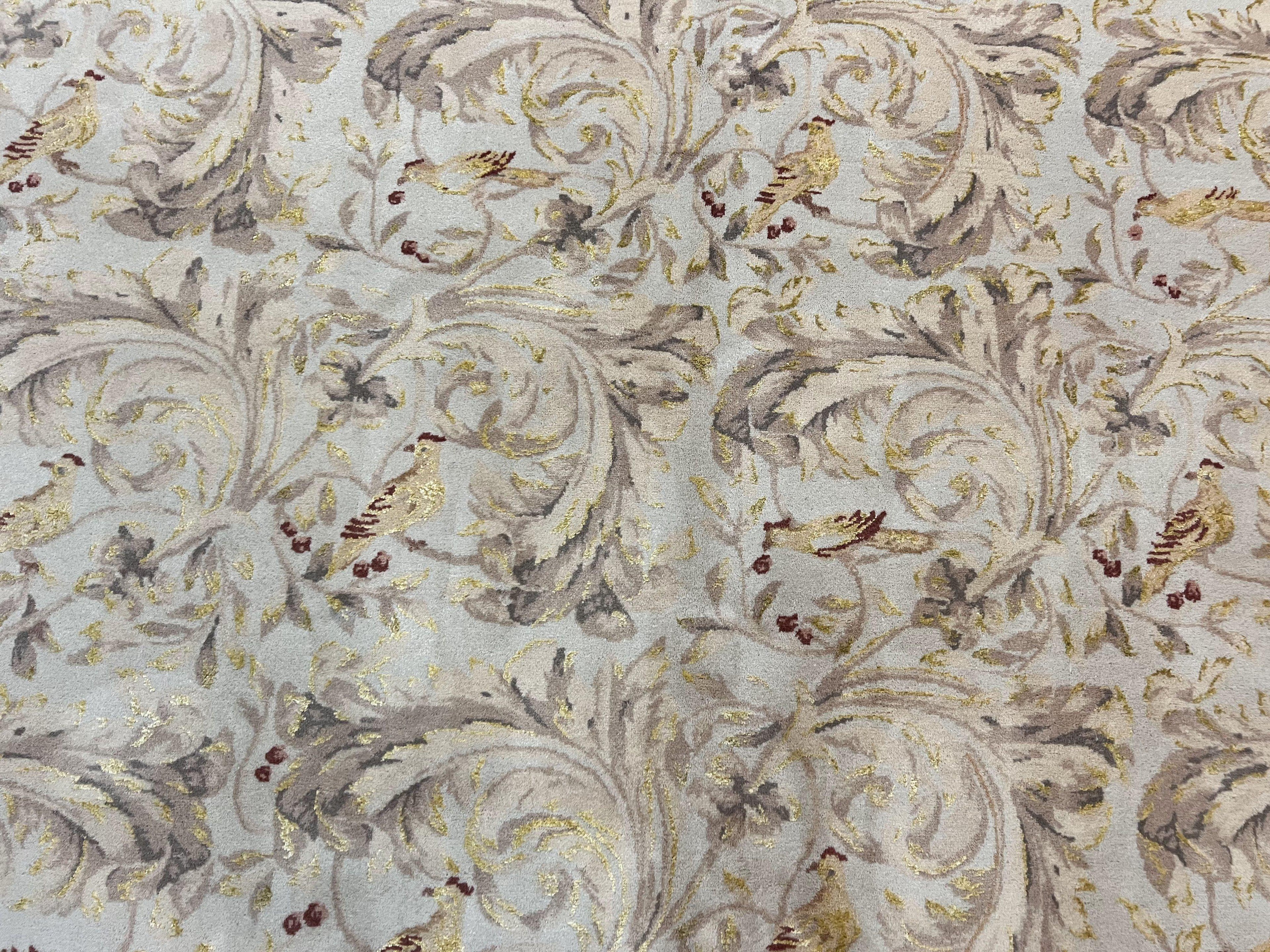 Aubusson Rug 10x14, Wool & Silk Highlights Hand Knotted Vintage Carpet, Birds Flowers, Fine Details, Elegant