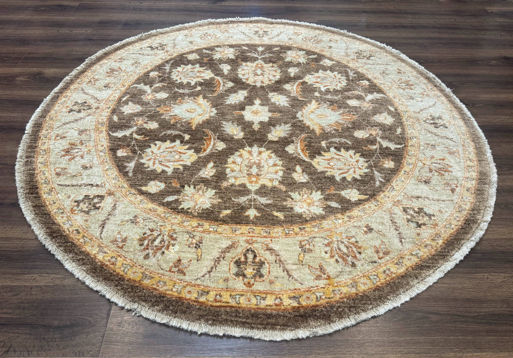 Round Pakistani Rug 6x6, Brown and Beige, Floral, Peshawar Rug, Traditional