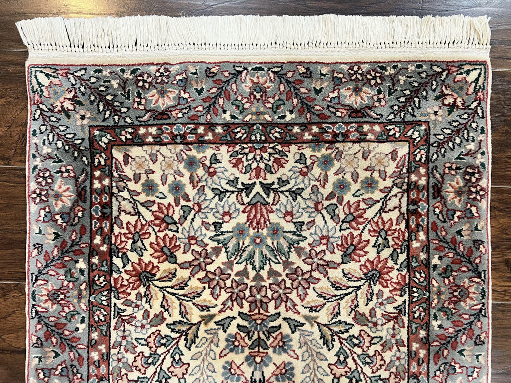 Sino Persian Runner Rug 2.7 x 10, Floral Kirman Lavar Carpet for Hallway, Cream, Handmade Wool Vintage Rug
