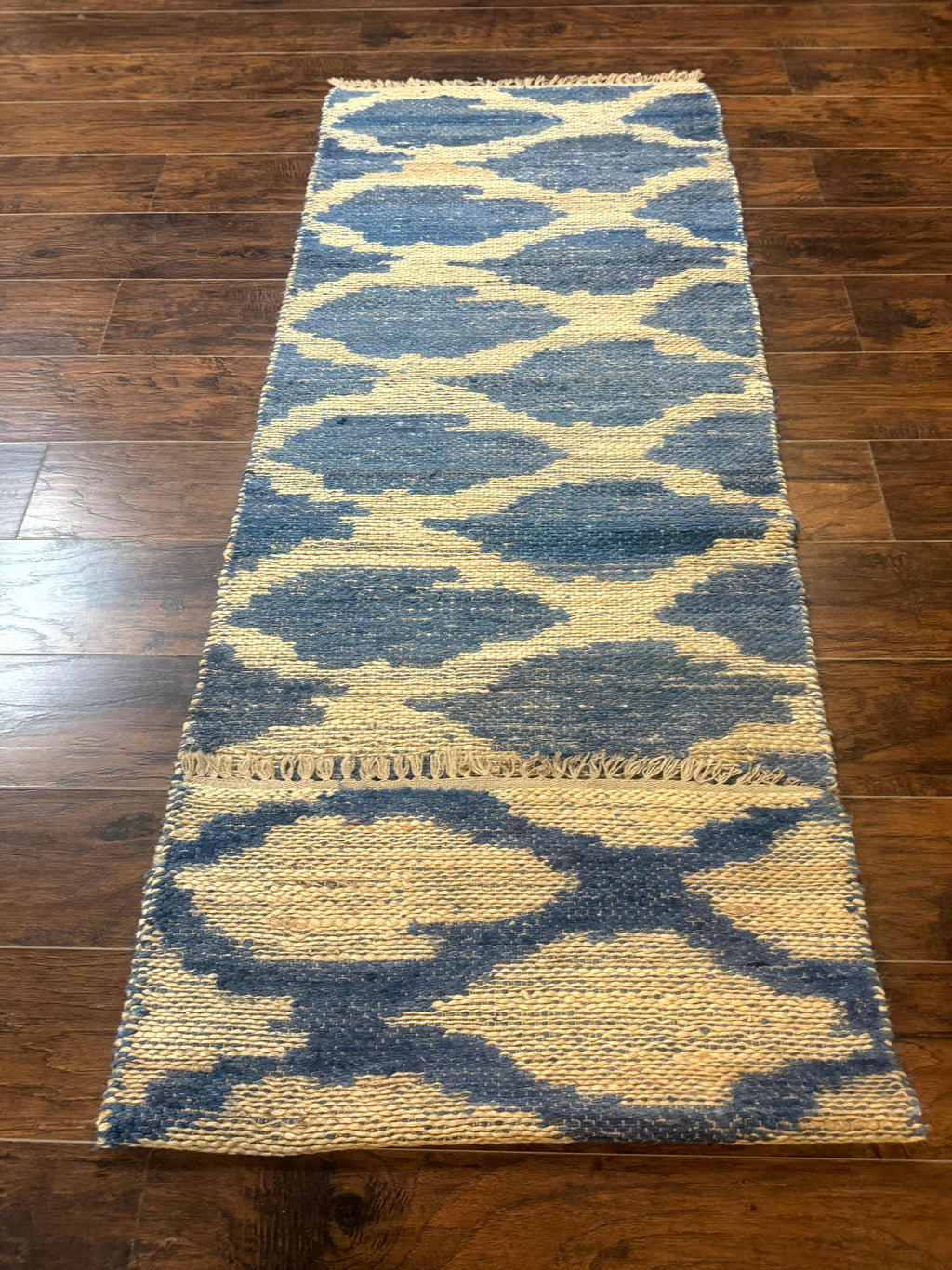Modern Jute Runner Rug 2.9 x 7.9, Beige and Blue, Handwoven, Kaleen Rug
