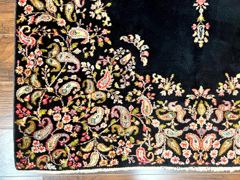Antique Persian Kirman Rug 5x8, Floral Kirman, Midnight Blue/Black, Semi Open Field, Handmade Vintage Wool Carpet