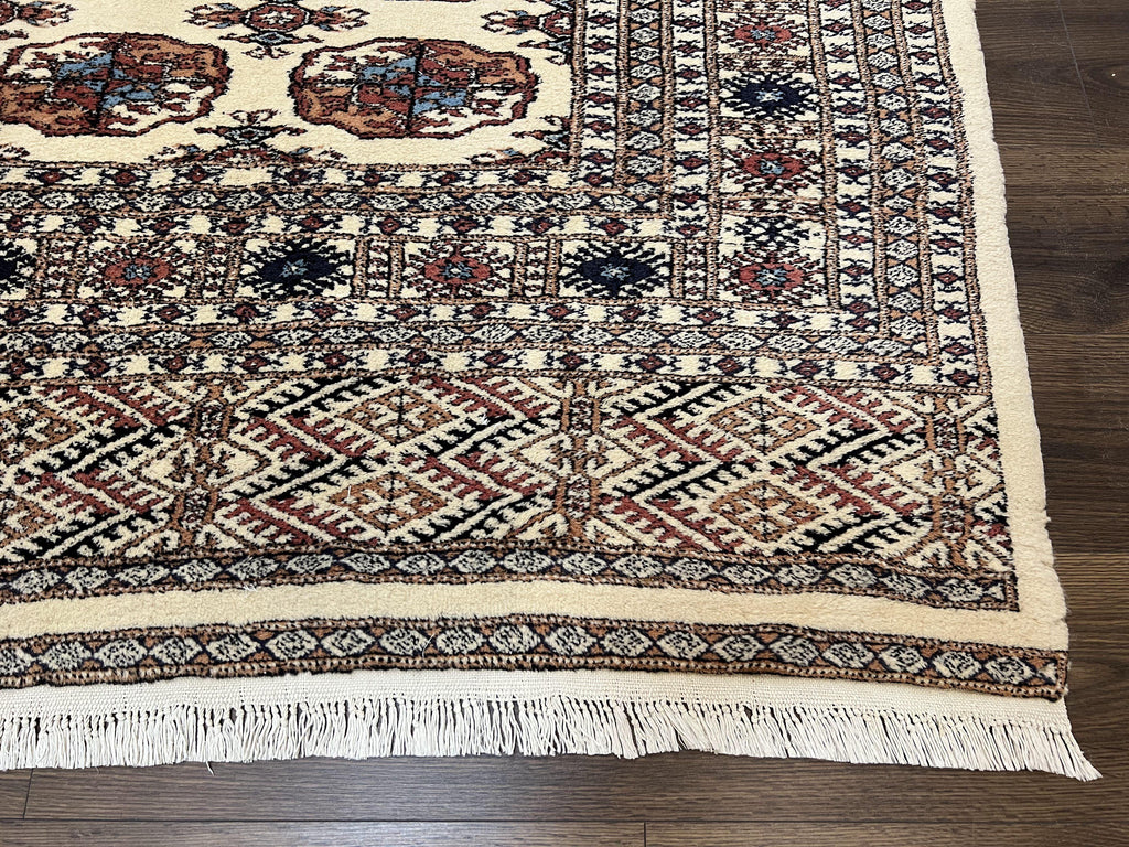 Pakistani Bokhara Rug 8x10, Wool Turkoman Carpet, Ivory/Cream