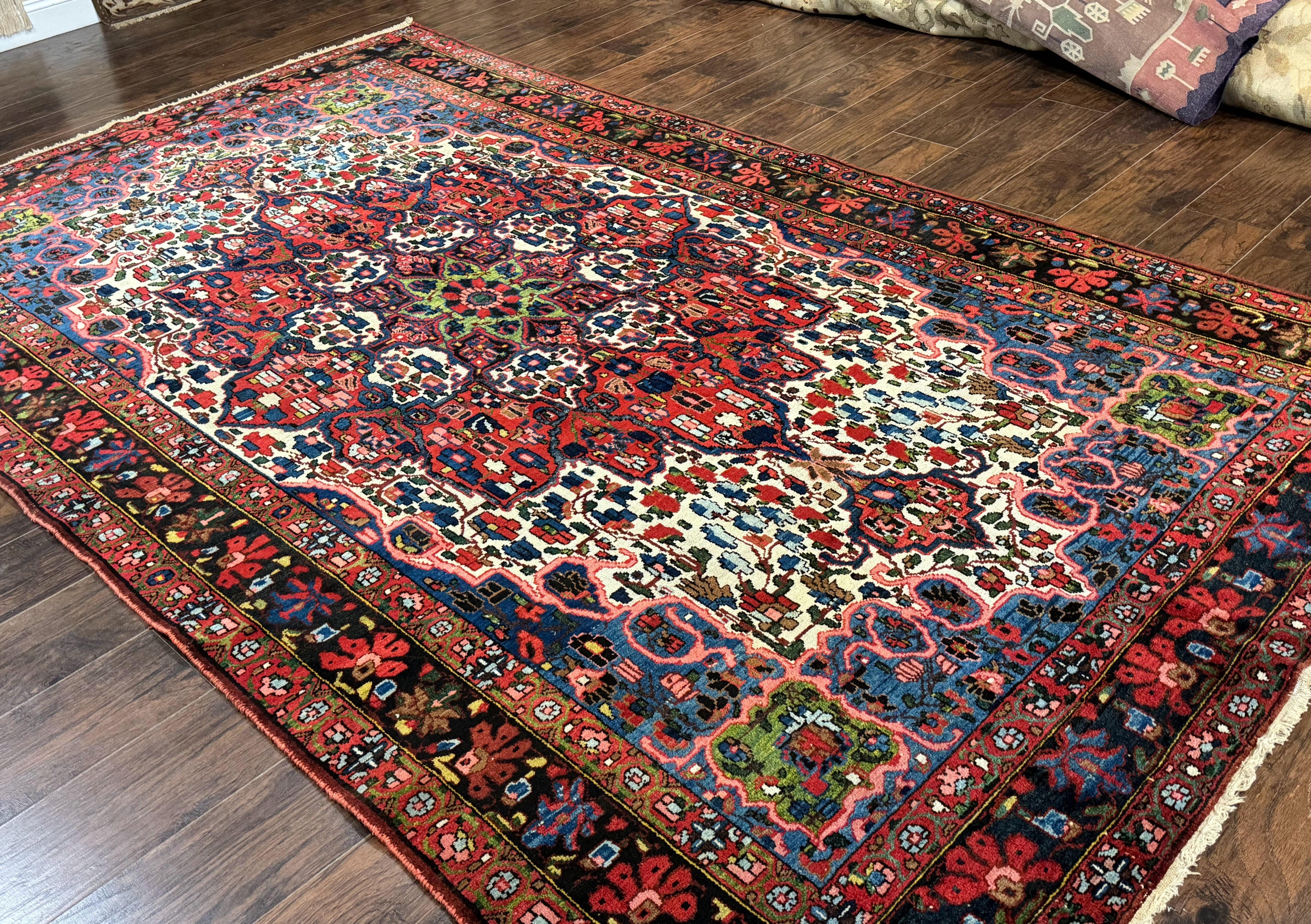 Persian Bakhtiari Rug 7x10, Antique Persian Carpet, Colorful, Great Colors, Ivory Red Blue, Rare Tribal Rug