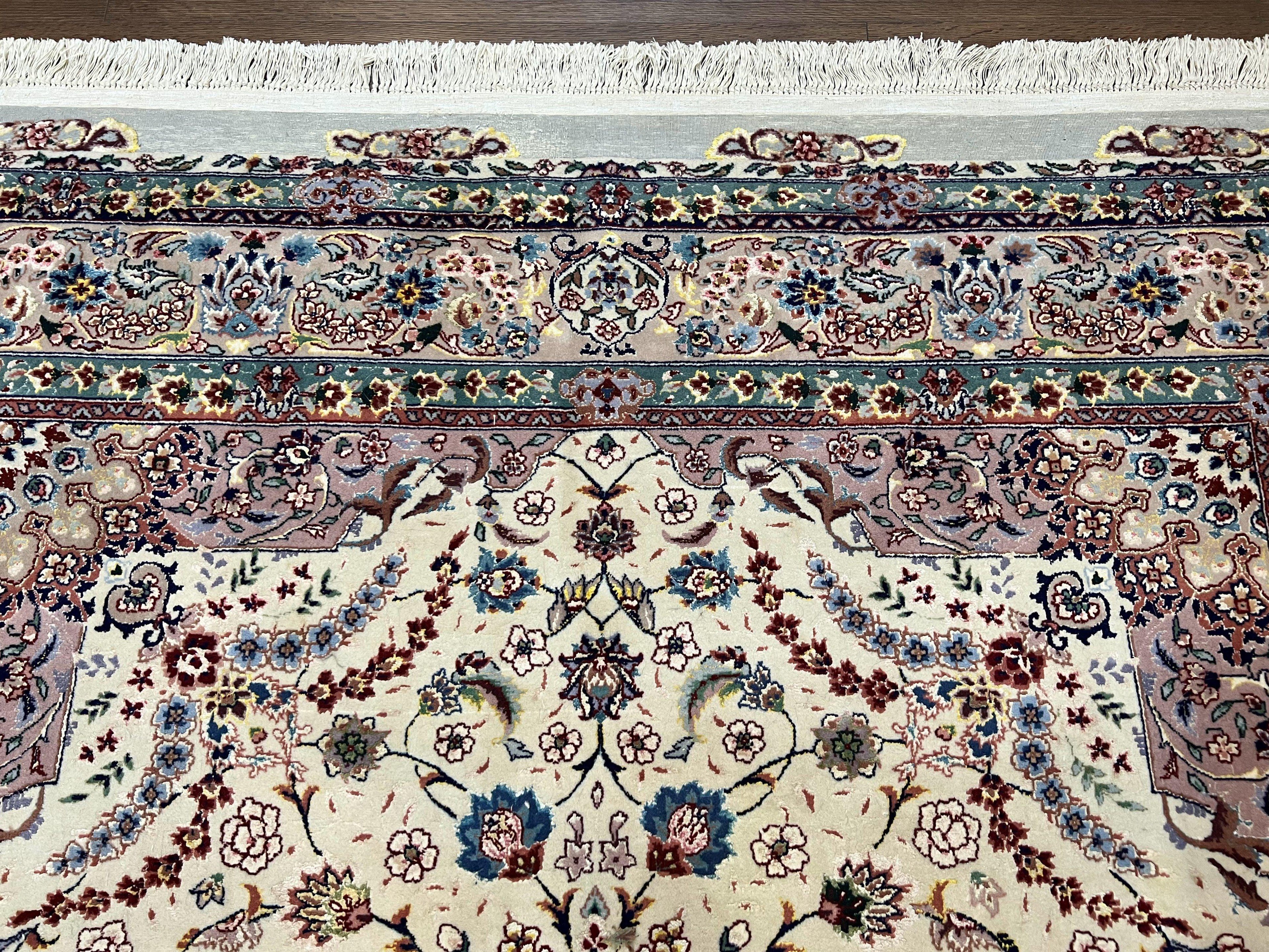 Beautiful Pak Persian Rug 6x9, Floral Medallion, Wool and Silk, Highly Detailed Elegant Carpet, Vintage Oriental Rug 6 x 9, Cream and Gray