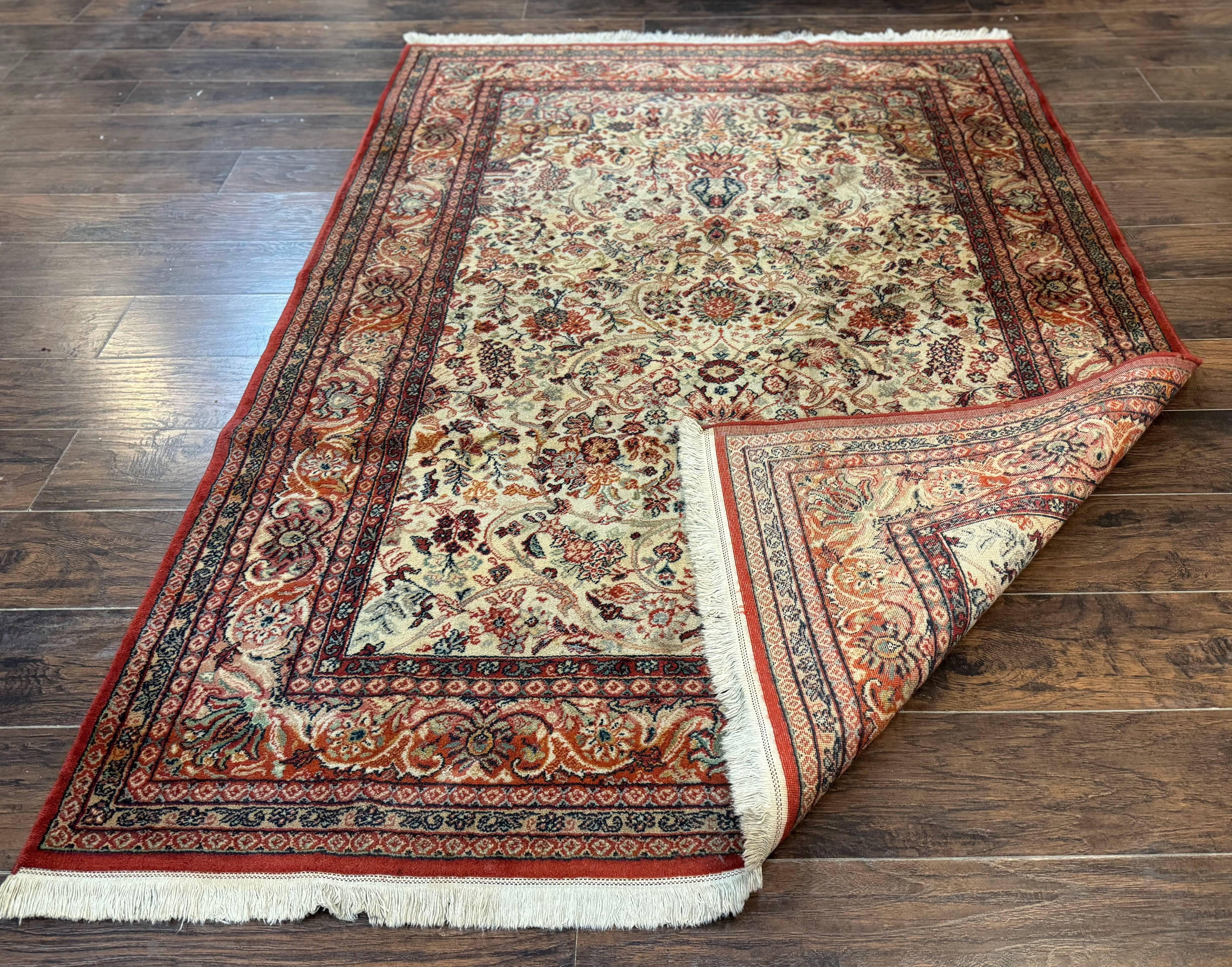 Antique Persian Rug 5x7, Allover Floral with Vases, Beige and Red, Belgian Power Loomed Rug, Vintage