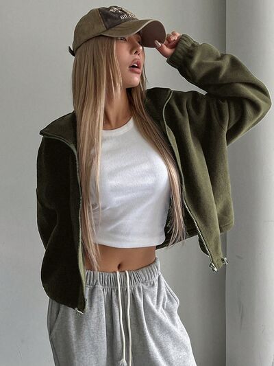 Stylish Zip-Up Long Sleeve Cropped Jacket Trendy & Lightweight Outerwear for a Chic Look