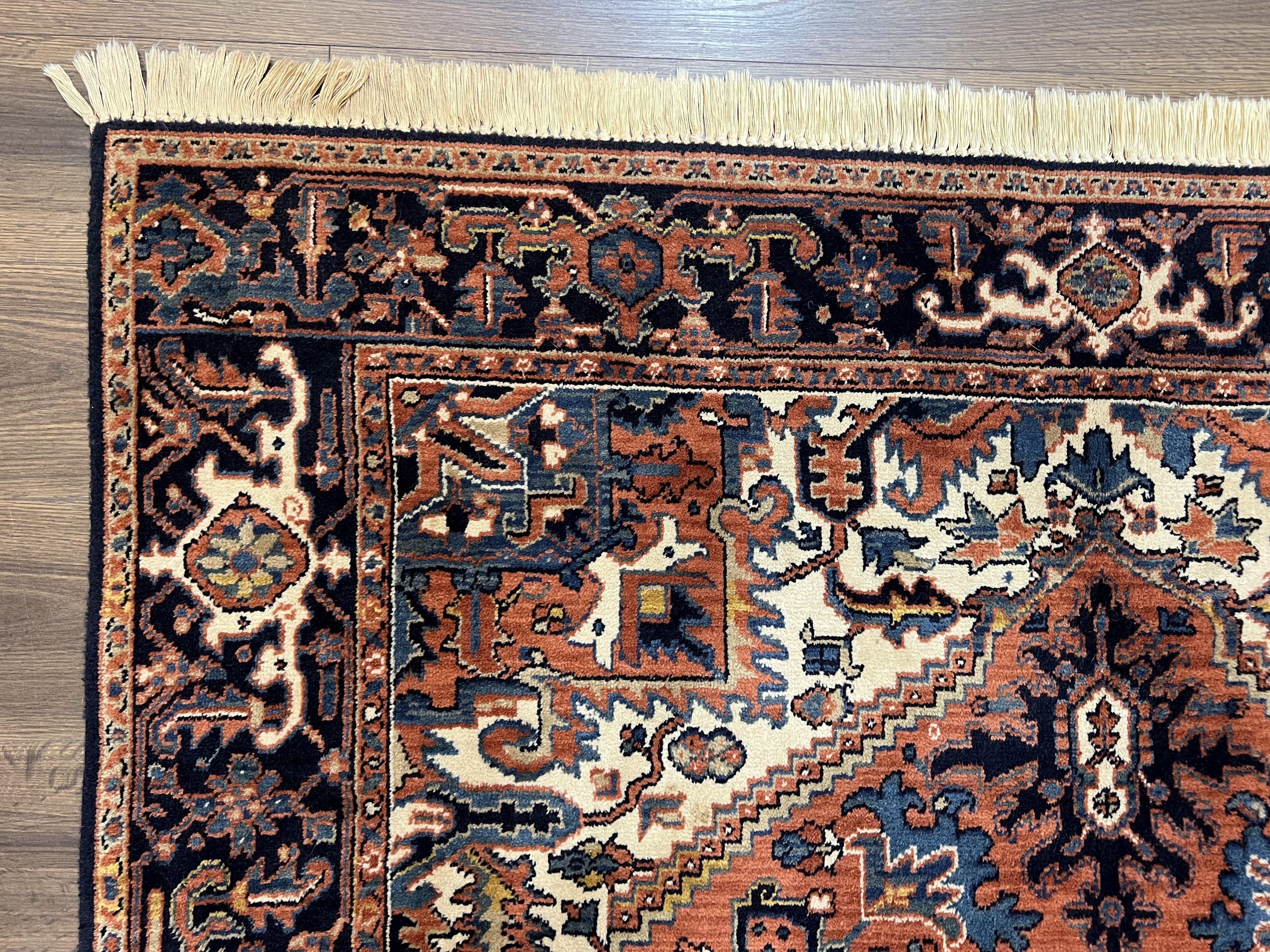 Heriz Rug 5.6 x 8, Geometric Medallion, Wool Oriental Carpet, Tribal Boho Rug, Red Navy Blue Cream, Belgium Power Loomed Rug, Medium Sized
