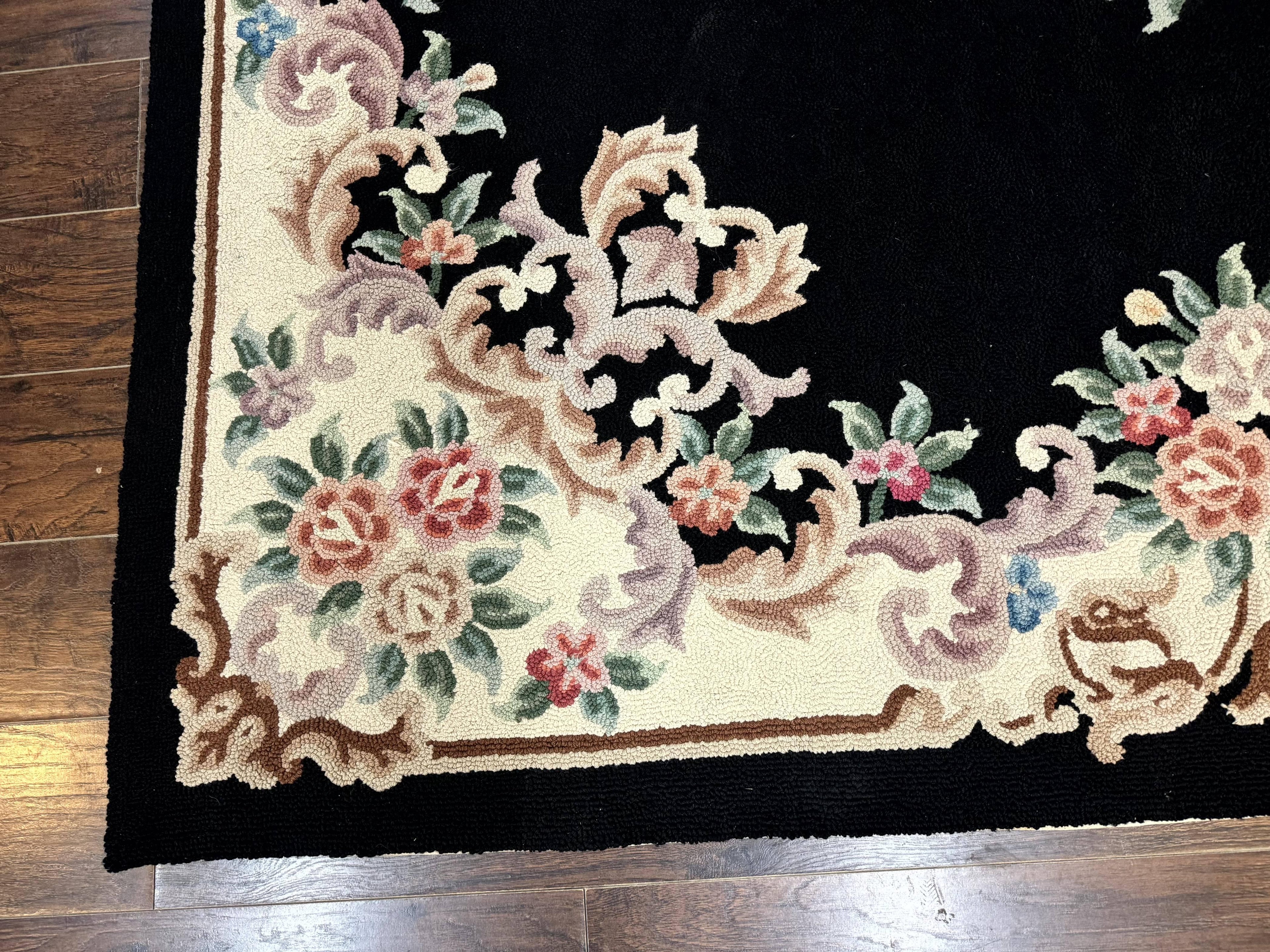 Aubusson Rug 8x11, Black and Ivory, Hooked Rug, Vintage, Wool