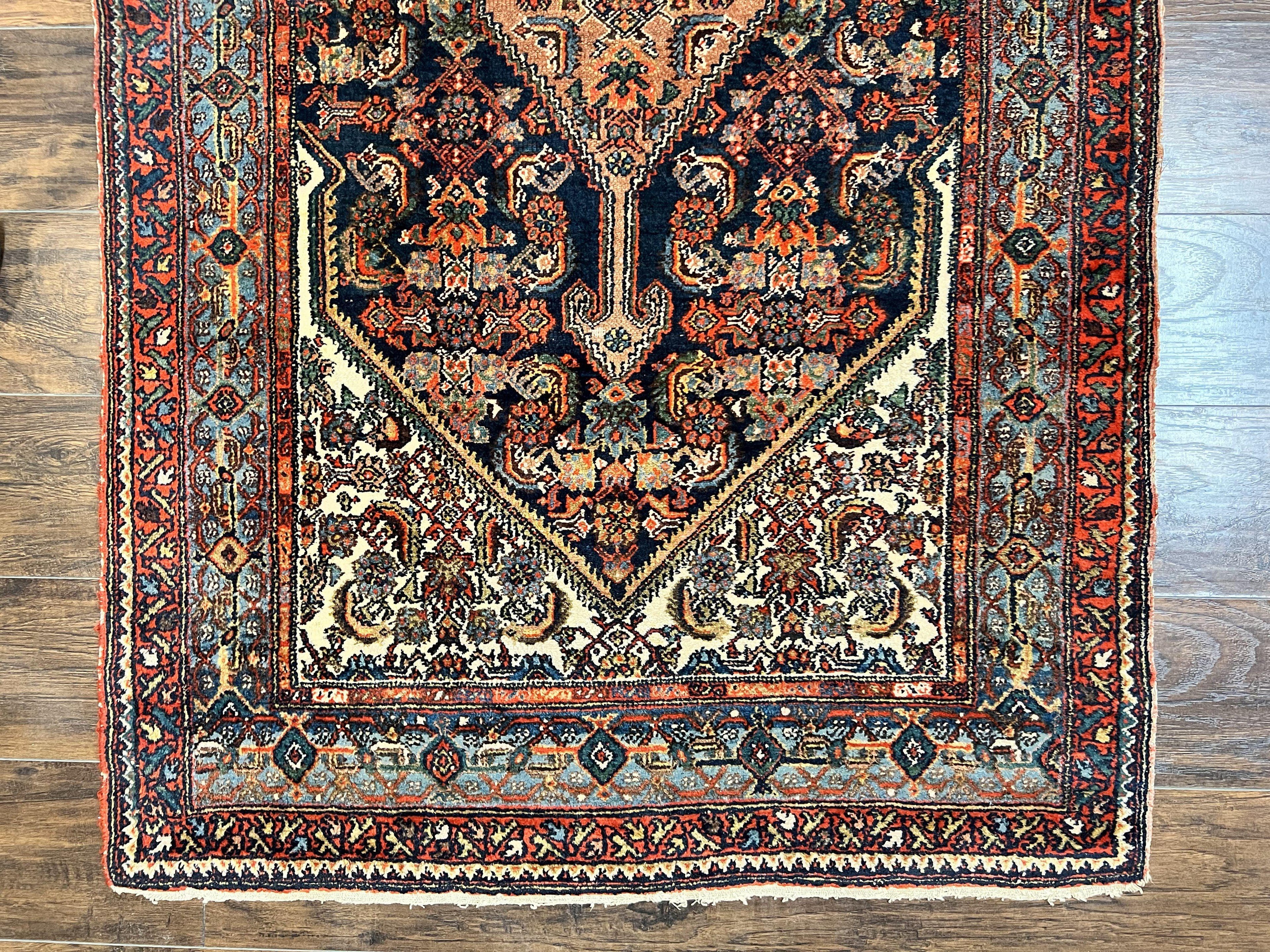 Antique Persian Runner Rug 3.7 x 15.8, Navy Blue Multicolor, Hand Knotted Handmade Wool Rug for Hallway, Geometric Medallions, Persian Hamadan Rug