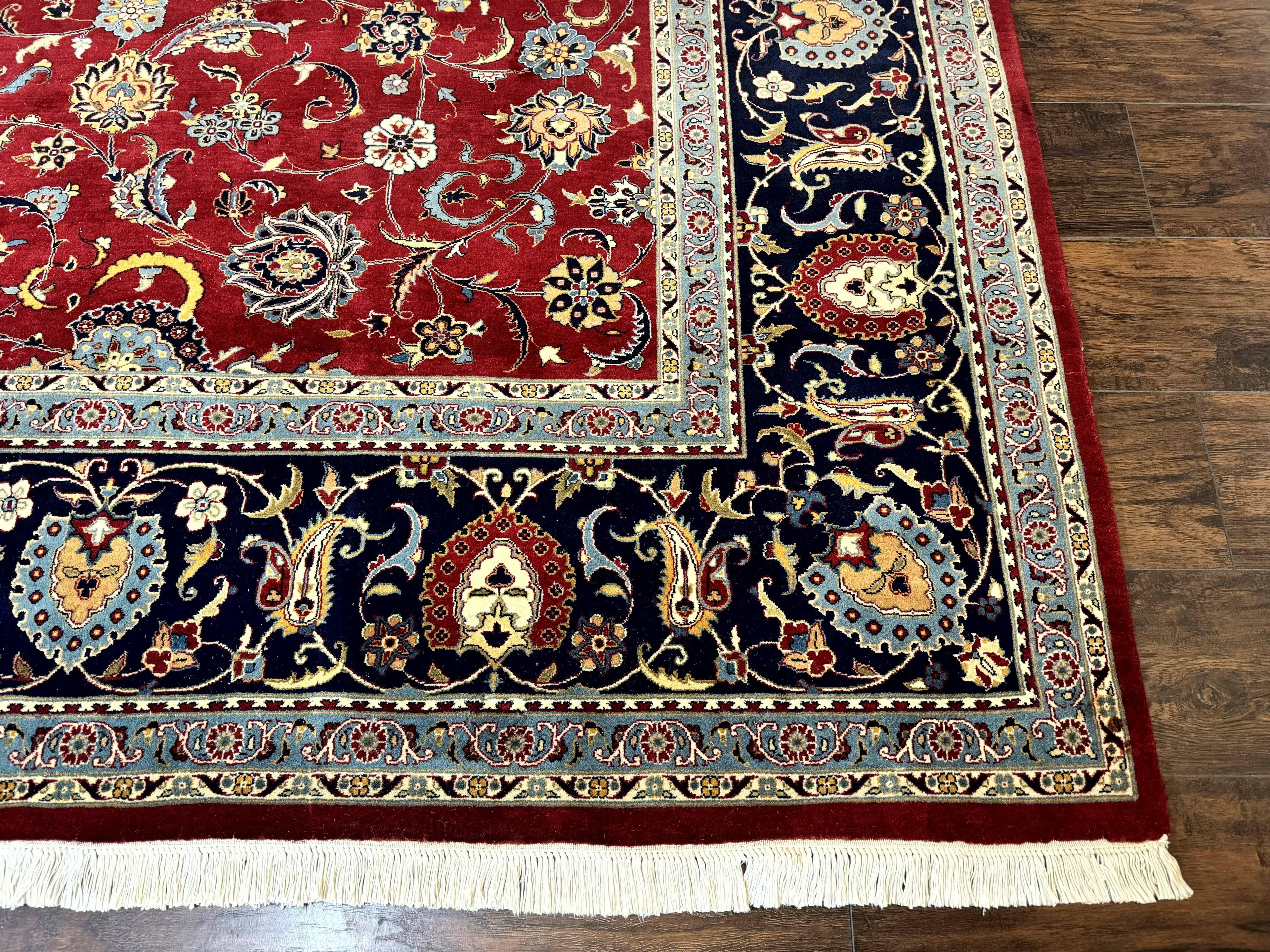 Pak Persian Rug 9x12, Red and Navy Blue, Floral Allover, Hand Knotted Vintage Wool Carpet, Fine 260 KPSI