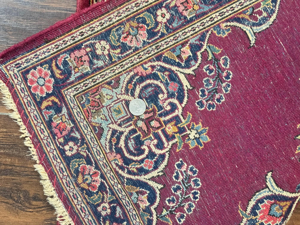 Small Persian Kashan Rug 2x3, Red and Navy Blue, Handmade Vintage Wool Semi Antique Persian Carpet, Semi Open Field, Pair B