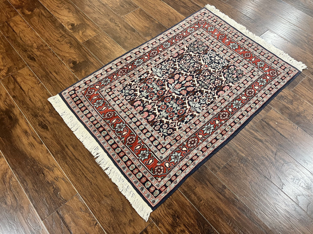 Pak Persian Rug 3x4, Wool Hand Knotted Vintage Traditional Carpet, Navy Blue & Red, Very Fine Small Handmade Floral Rug