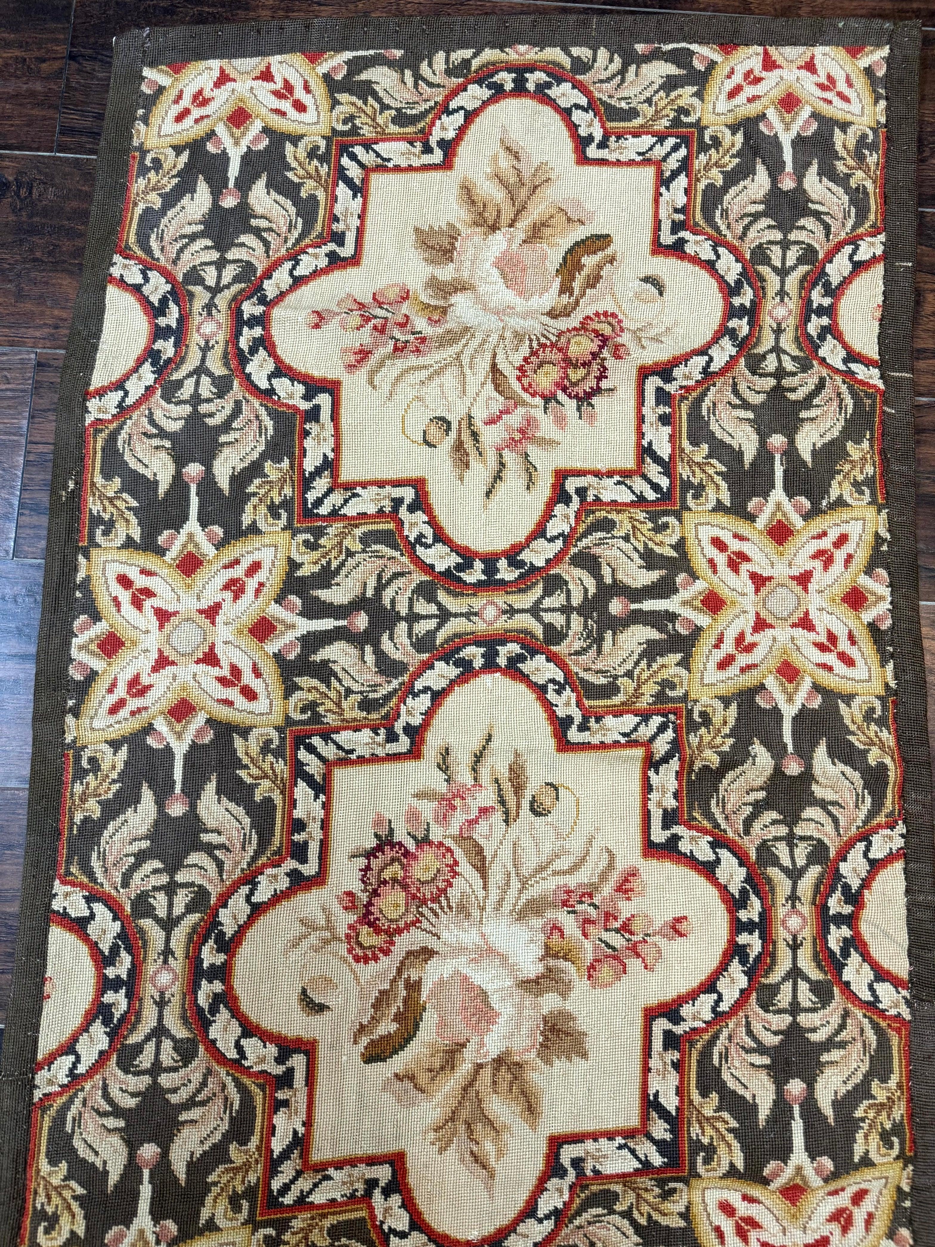 Needlepoint Runner Rug 2.7 x 9.7, European French Design, Wool, Handmade, Vintage
