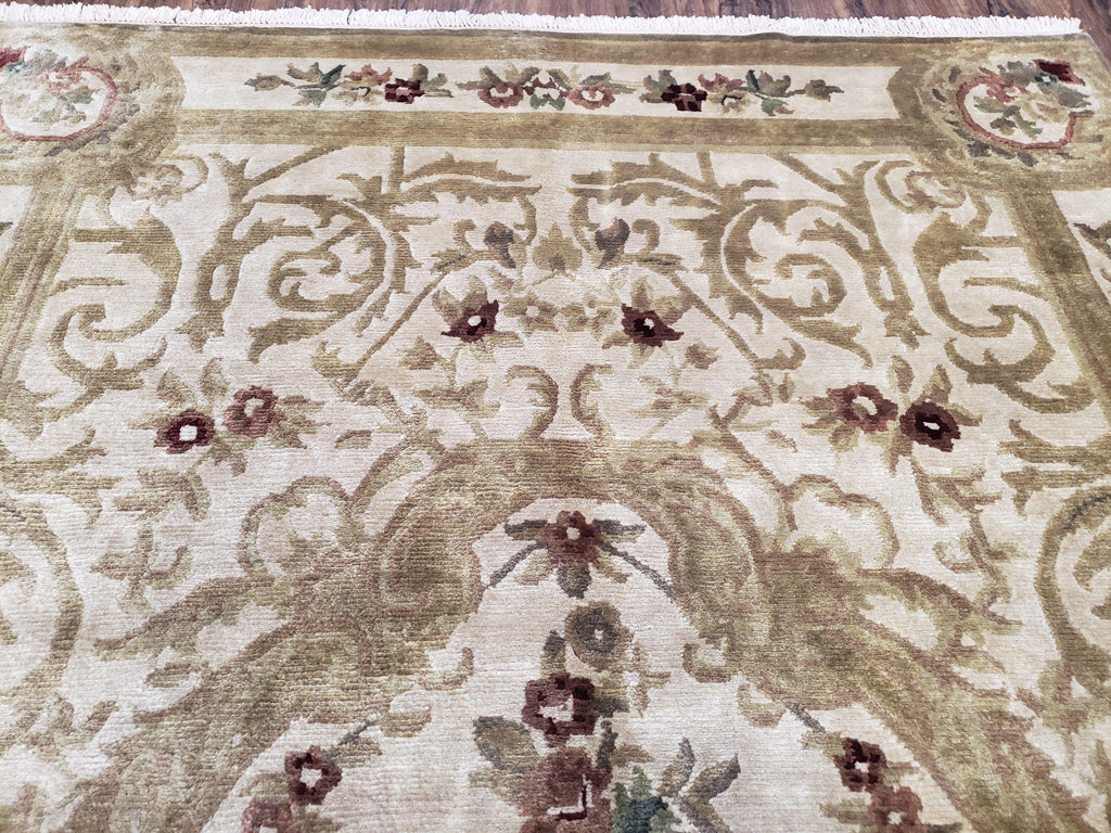 Vintage Nepali Tibetan Aubusson Rug 6x9, Wool Hand-Knotted Cream Beige Carpet, Leaves & Floral Pattern 6 x 9 Soft Area Rug Home Office Rug