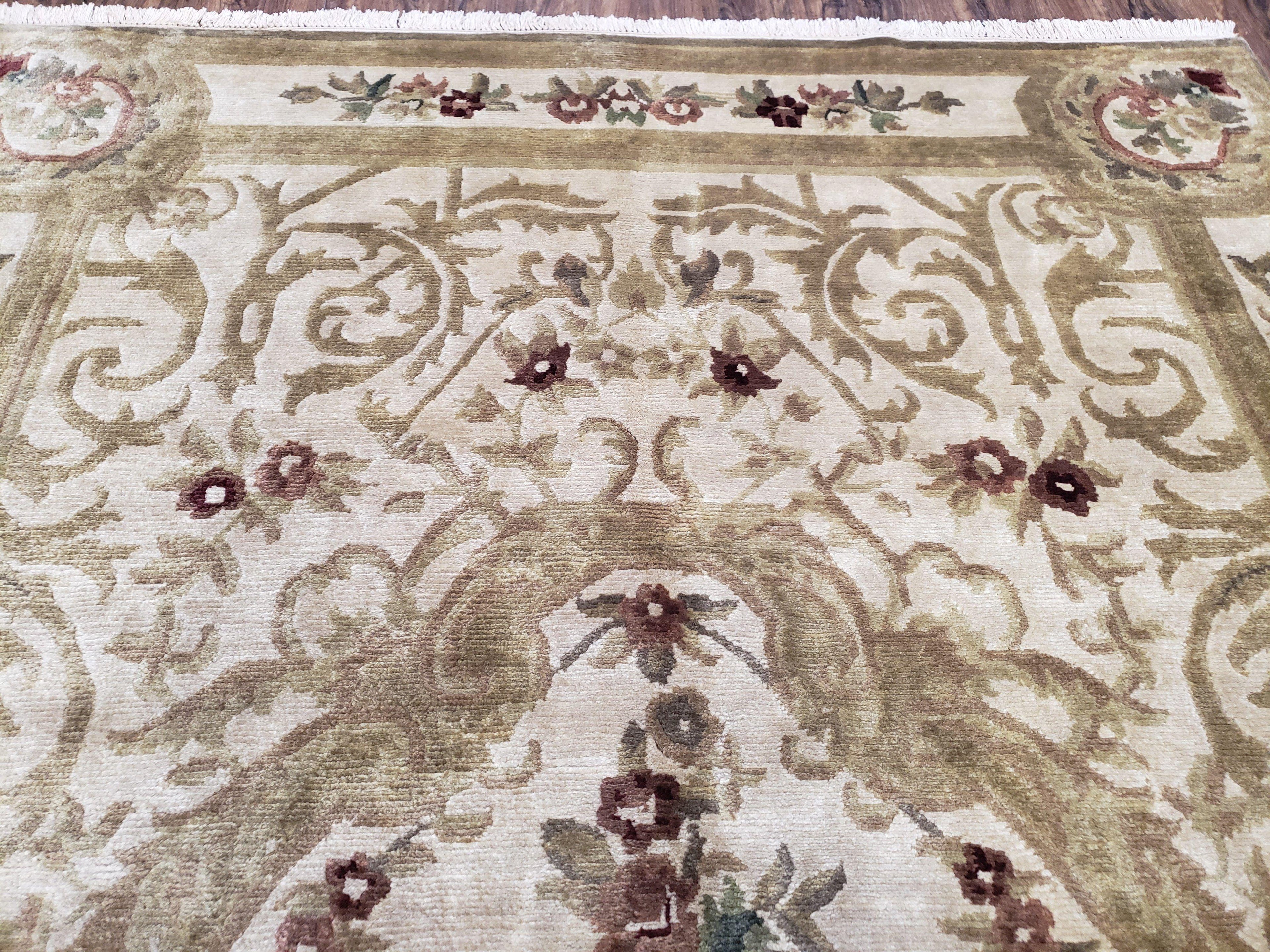 Vintage Nepali Tibetan Aubusson Rug 6x9, Wool Hand-Knotted Cream Beige Carpet, Leaves & Floral Pattern 6 x 9 Soft Area Rug Home Office Rug