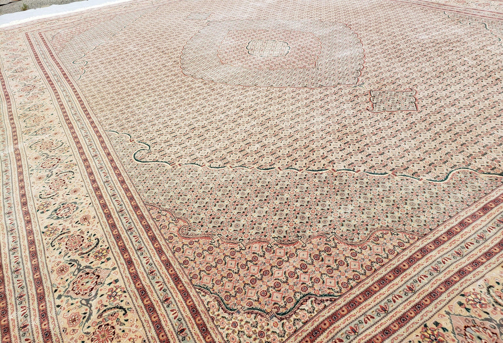 Stunning Oversized Pak Persian Oriental Rug 12x15, Hand Knotted Wool & Silk Palace Sized Carpet, Mahi Pattern, Very Fine, Peach Beige, Wow