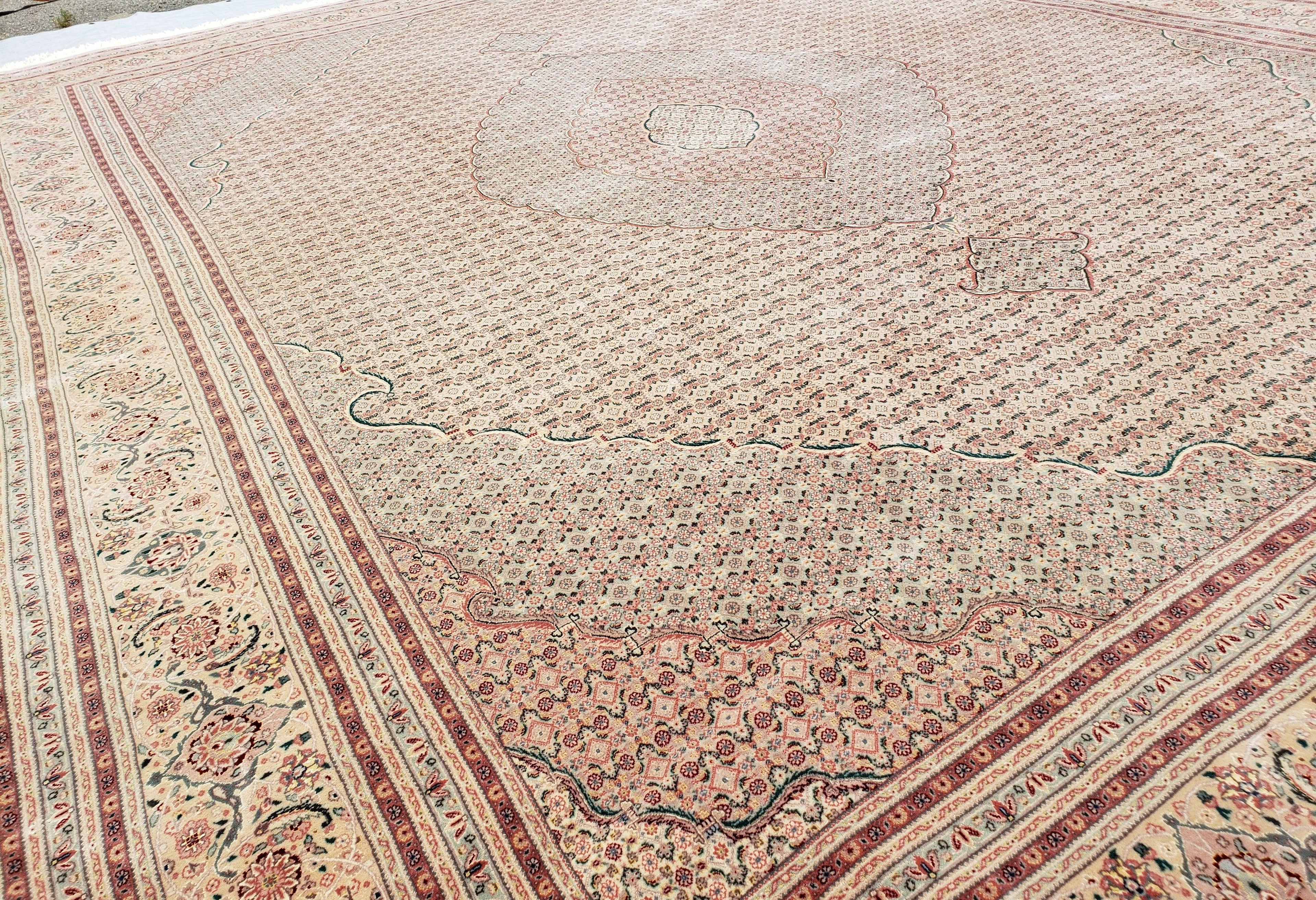 Stunning Oversized Pak Persian Oriental Rug 12x15, Hand Knotted Wool & Silk Palace Sized Carpet, Mahi Pattern, Very Fine, Peach Beige, Wow