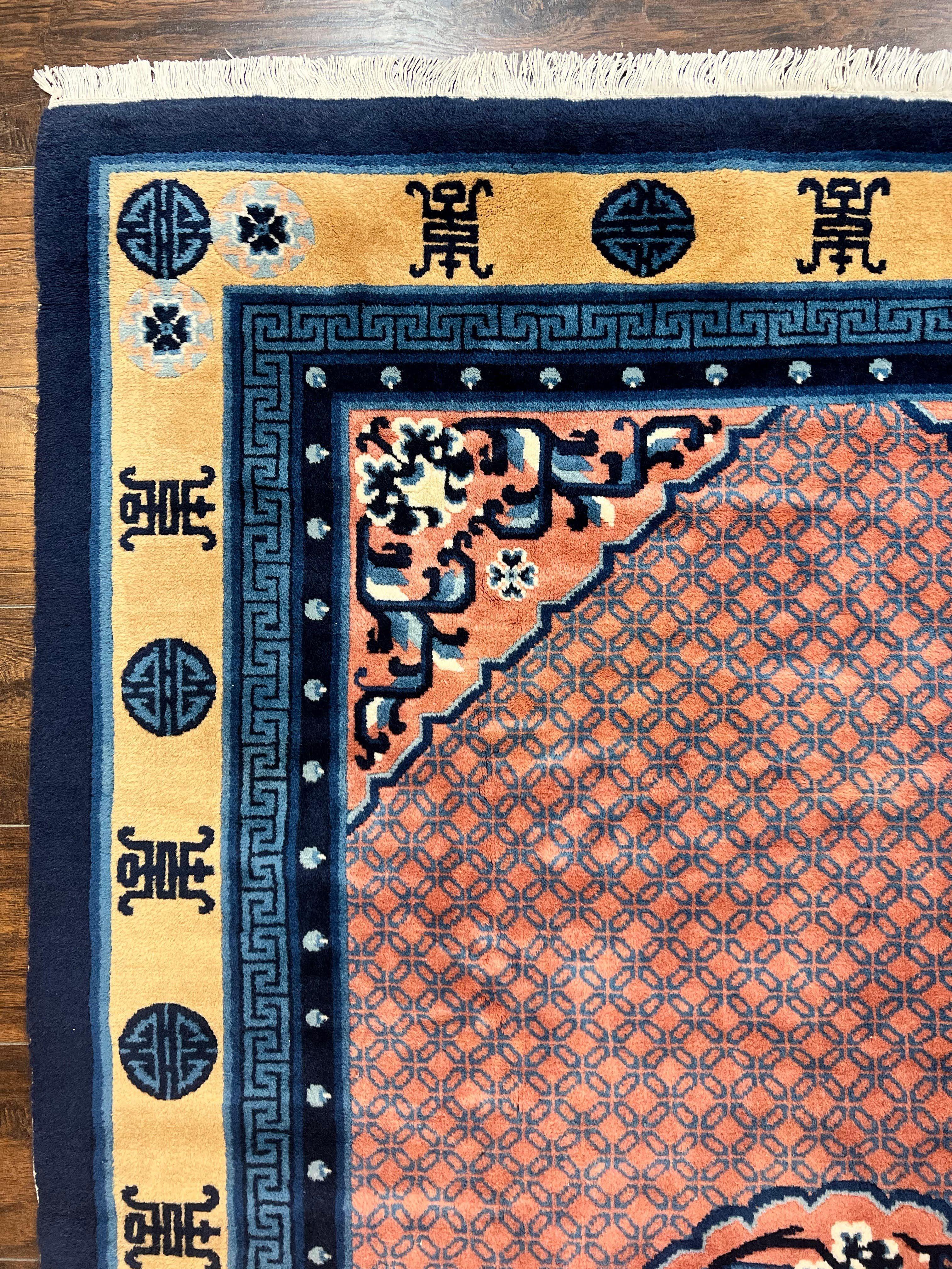 Chinese Peking Rug 5x8, Vintage Semi Antique Chinese Art Deco Carpet, Wool Pile Light Red/Salmon Gold Navy Blue, Handmade Asian Oriental Rug