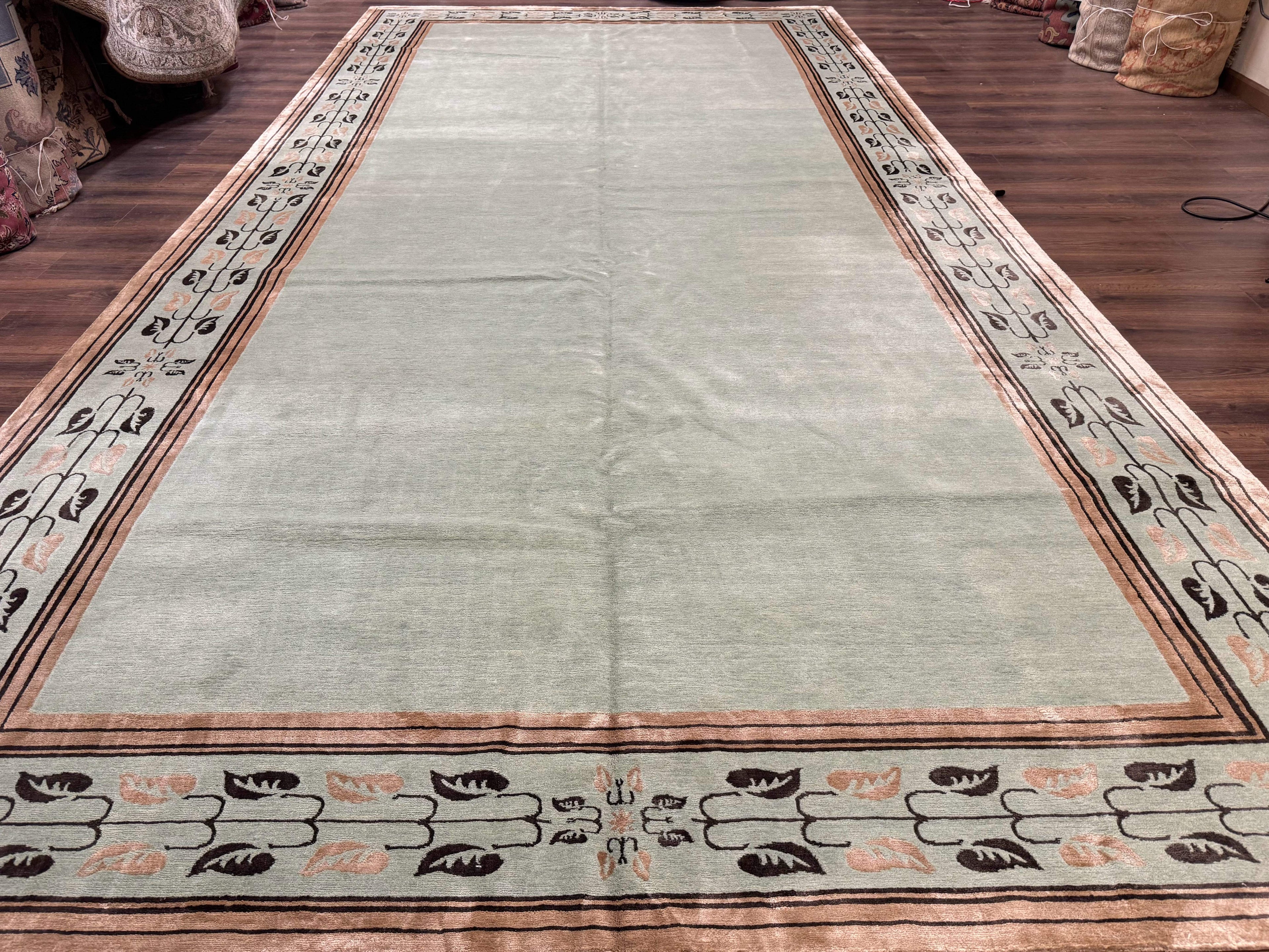 Palace Size Nepali Rug 9x18, Open Field, Light Mint Green, Wool Hand Knotted, Modern Contemporary