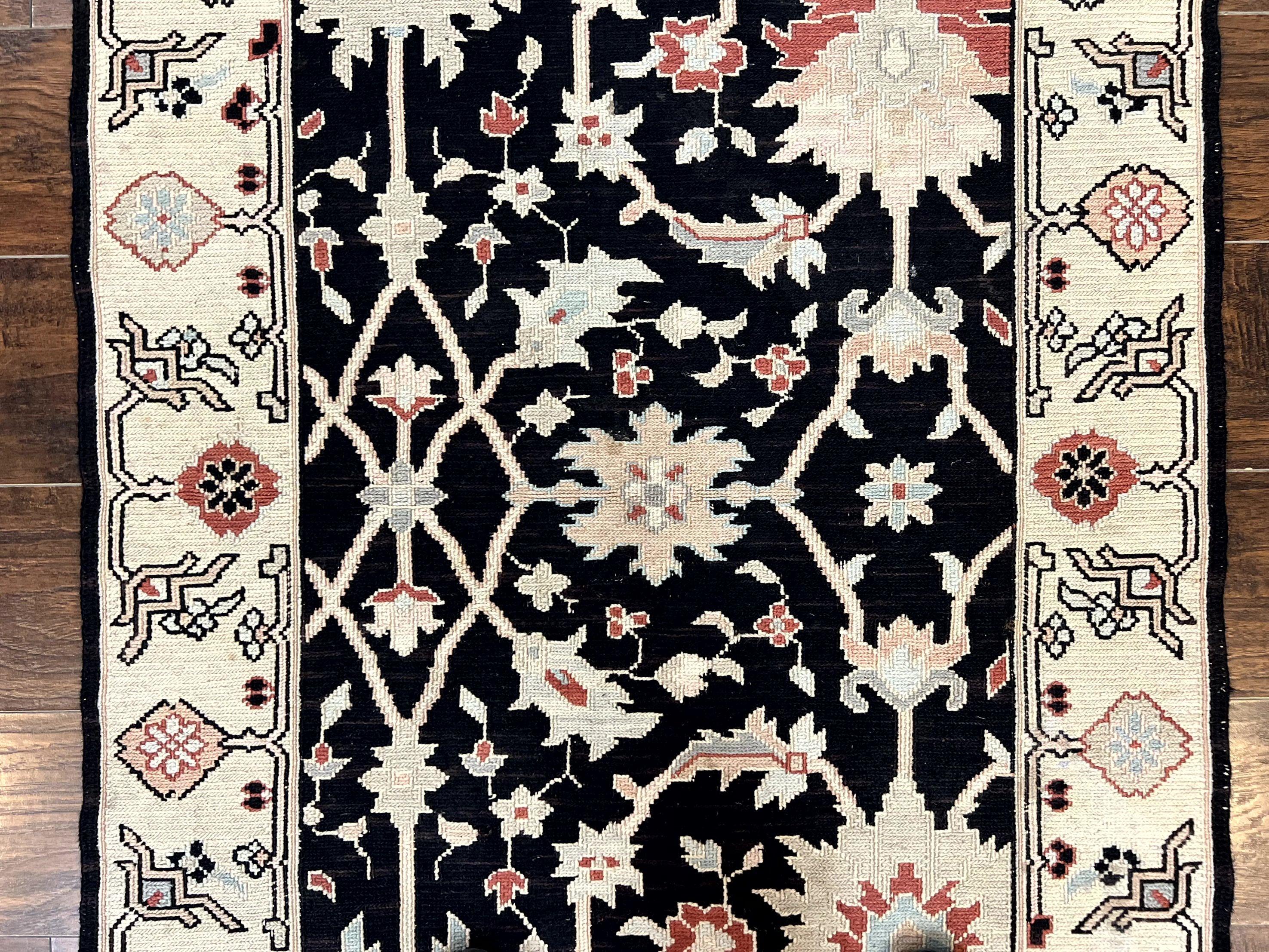 Turkish Flatweave Kilim Rug 3x5, Black, Handmade Vintage Wool Carpet