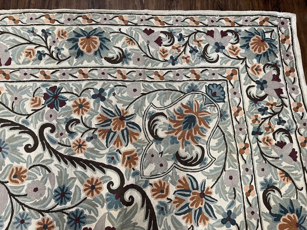 Chain Stitched Rug 9x12 Vintage Carpet 9 x 12 Flatweave Rug, Ivory Teal Rug, Area Rug 9 by 12, Hand Stitched Rug, Medallion, Indian Rug